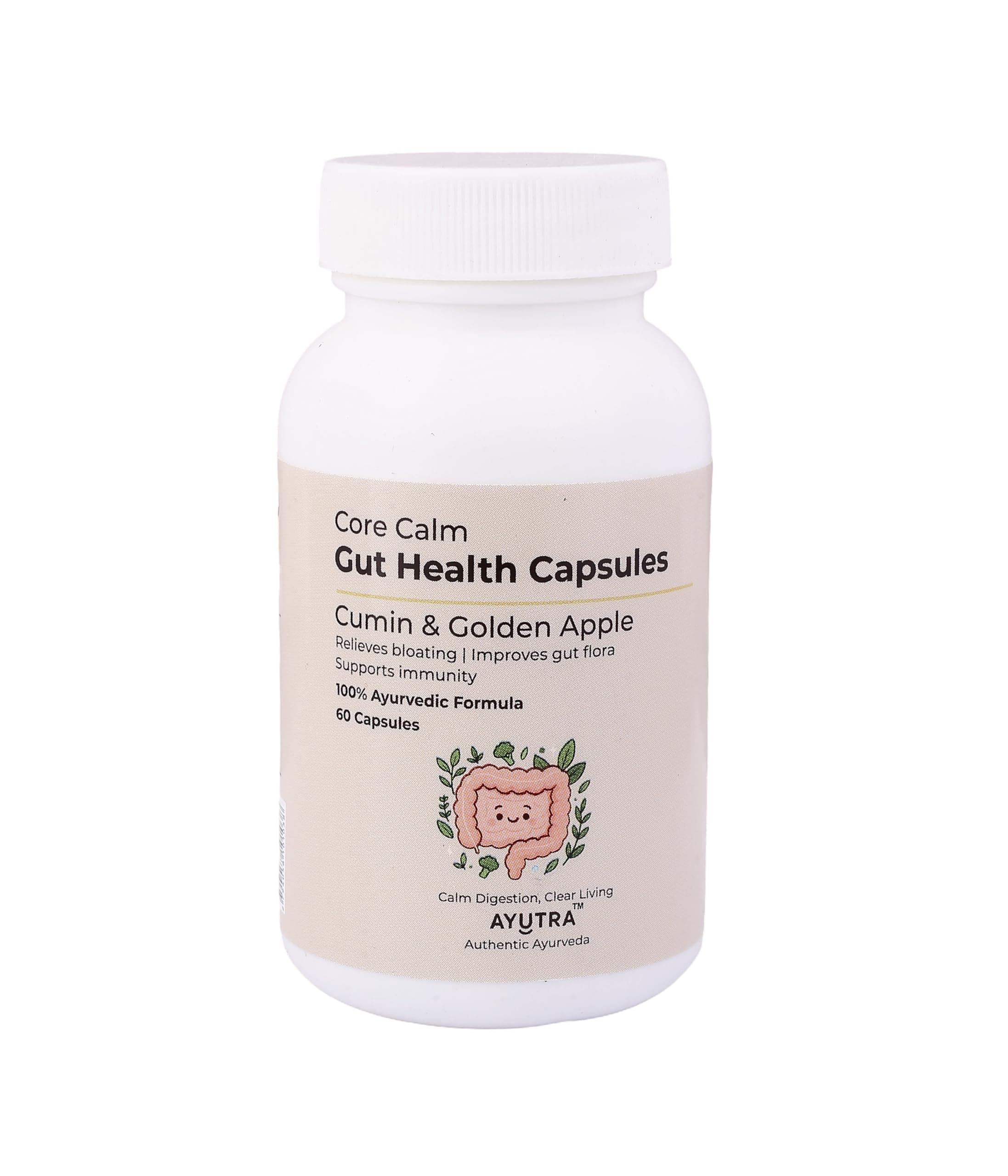 Ayutra CoreCalm Ayurvedic Gut Health Capsules | Haritaki, Ajwain, Saunf, Bael, Lactobacillus & 6 Herbs | Supports Daily Digestion, Gut Comfort & Microbiome Balance | GMP, FSSAI | 60 Veg Capsules