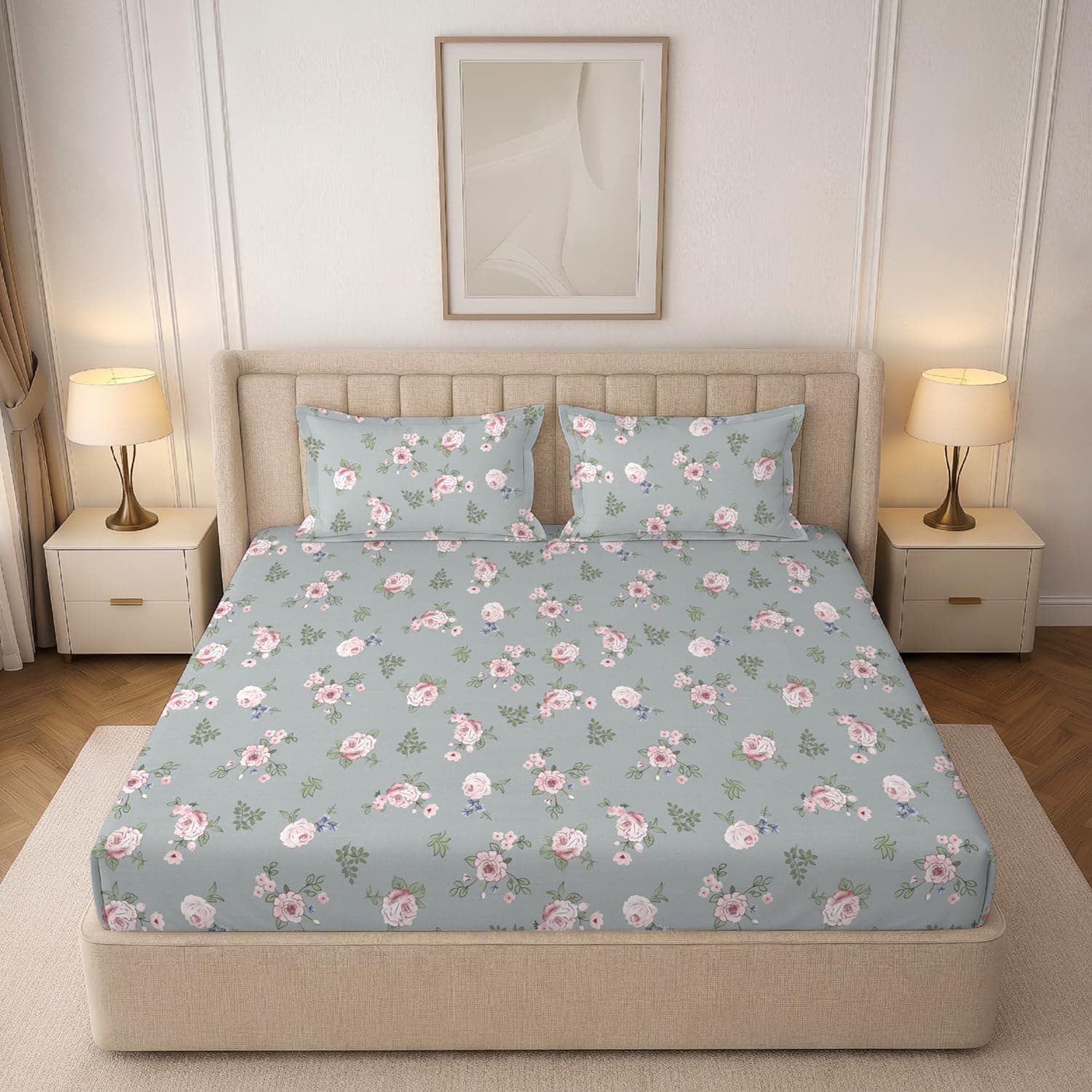VARADA Glace Cotton Fitted Bedsheets with 2Pcs Matching Pillow Cases | 300TC King Size Elastic Fitting Bedsheet - 72 x 78 Inches | Fits Upto 8 Inch Mattress | Lightweight & Skin-Friendly -