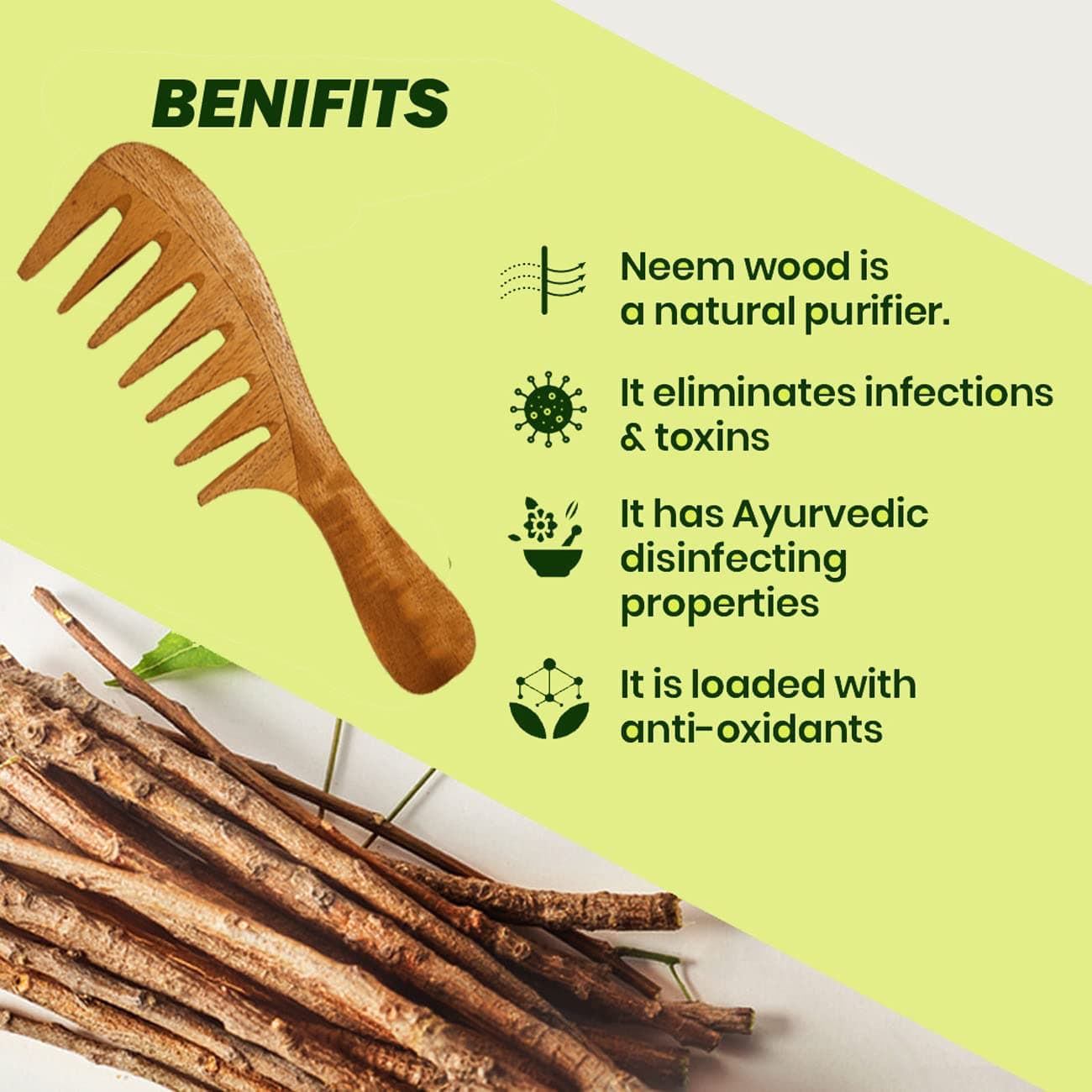 Rufiys Wide Tooth Neem Wooden Comb for Hair Growth Women & Men (Combo Pack 4)