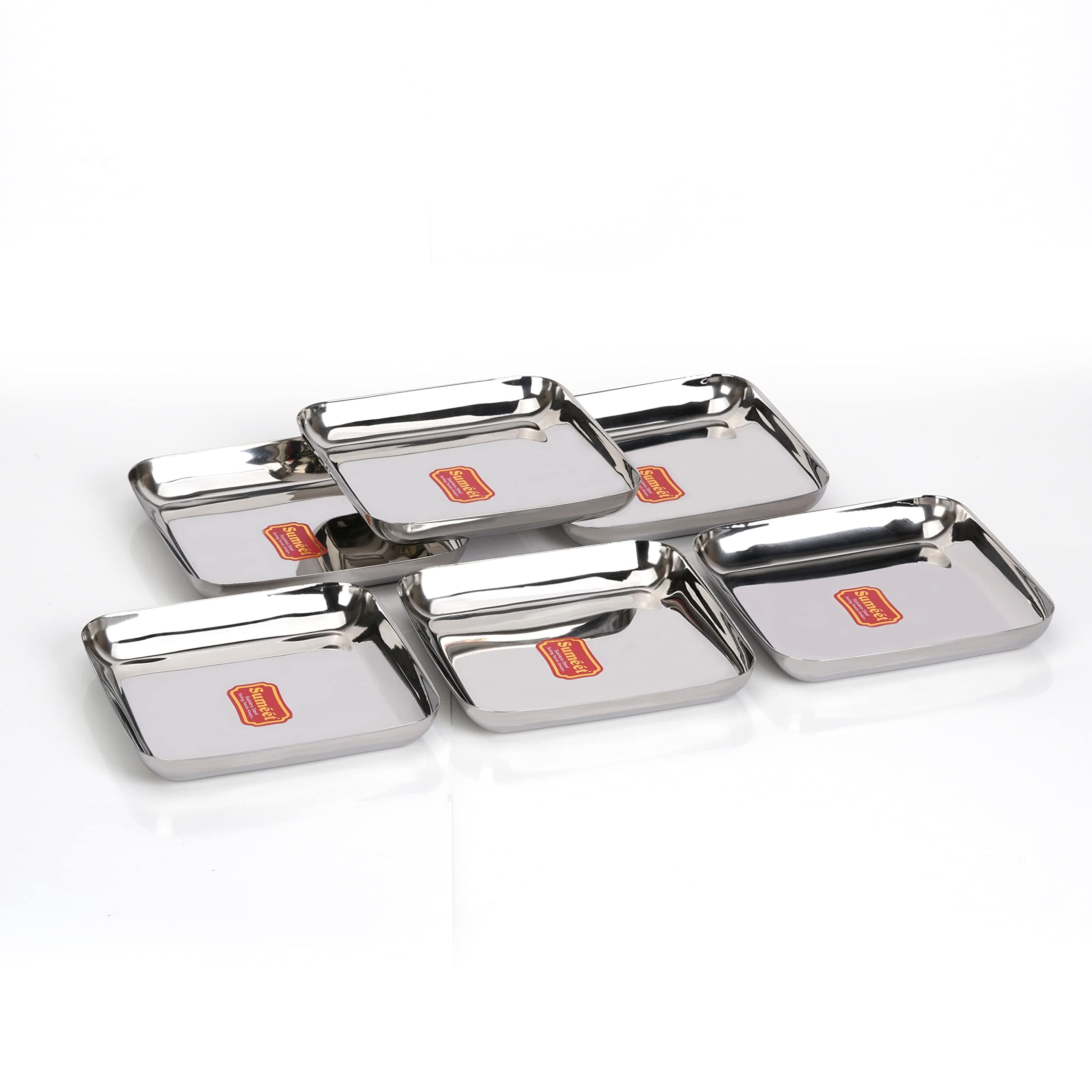 Sumeet Stainless Steel Small Square Shape Plate/Dessert Plate/Halwa Plate Set of 6pcs, 10cm dia, Silver