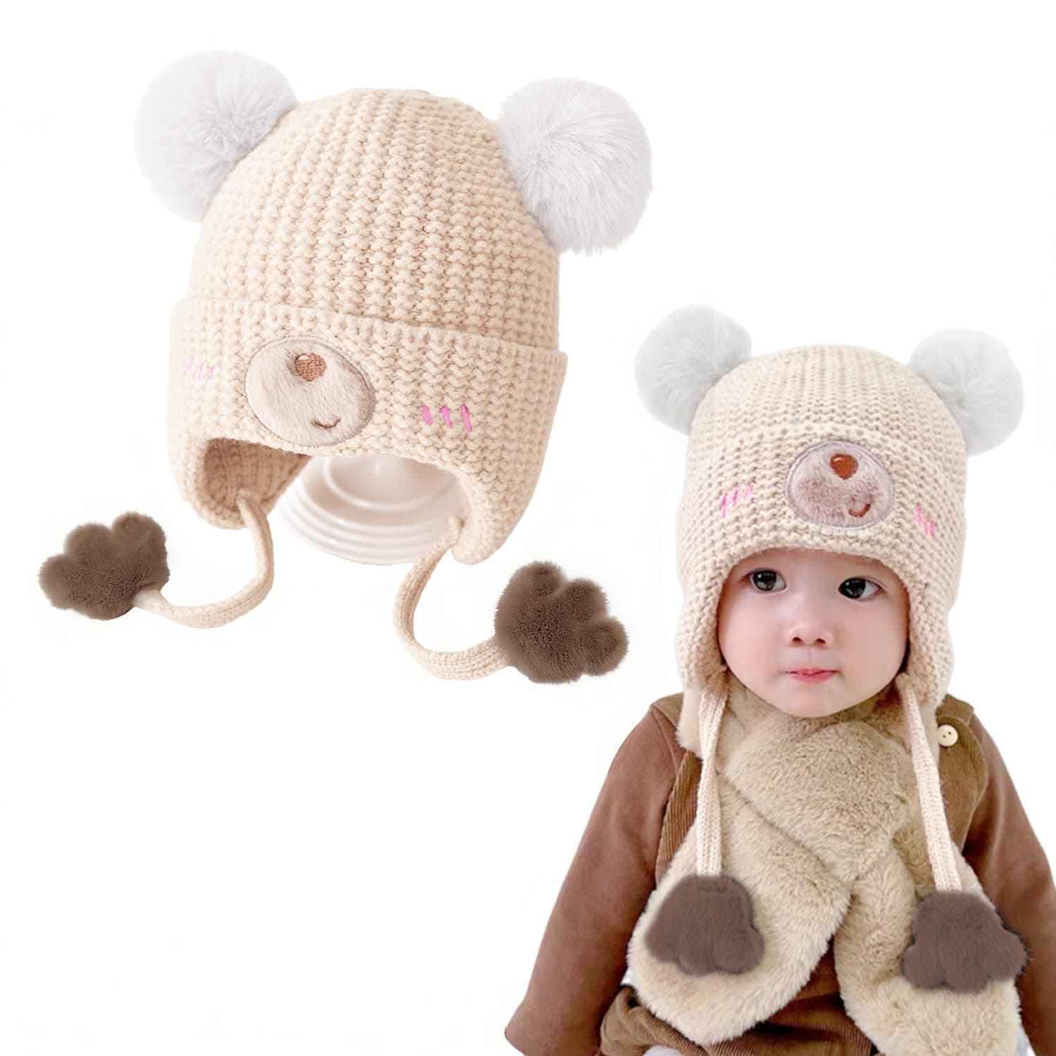 Flavizo Winter Baby Beanie Hat for Kids - Boys & Girls Knitted Cap with Fur, Warm Toddler Winter Hat for 6 Months to 3 Years, Outdoor & Birthday Gift Beige