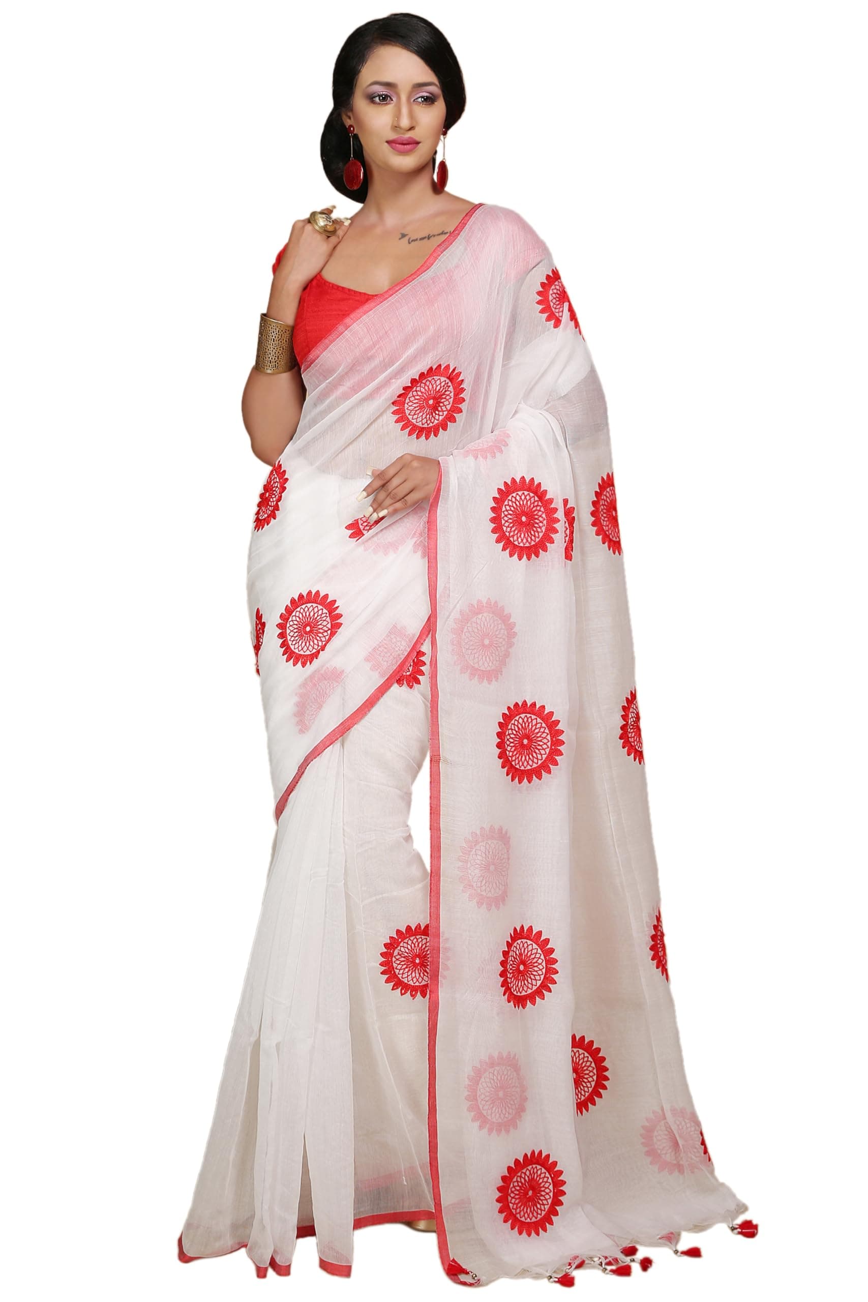 Red White Jaba Flower Handloom Embroidery Work Saree
