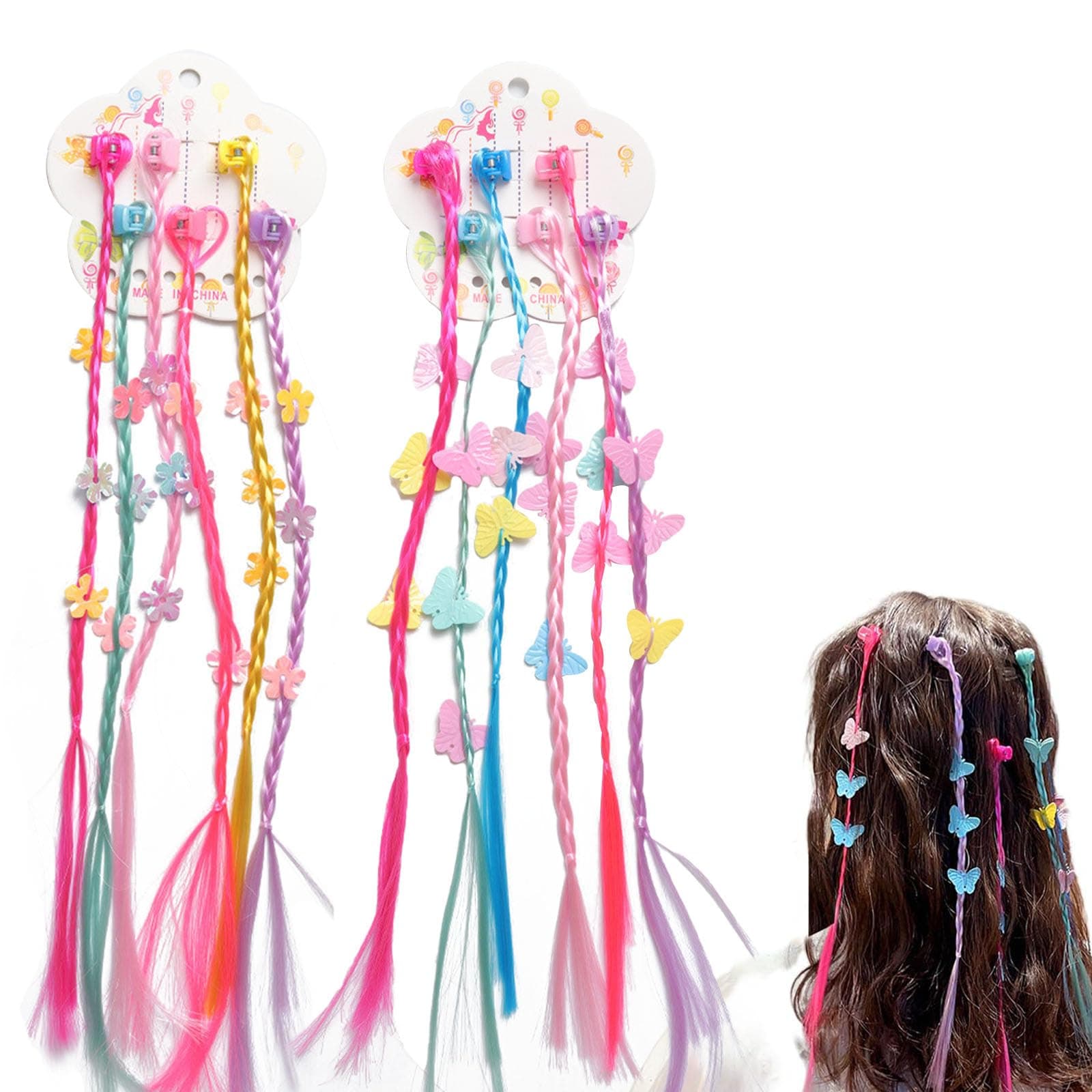 2 Piece Set Kids Hair Accessories, Glitter Butterfly and Flower Hair Clips for Girls, Colorful Braided Hair Bands, Dance, Wedding, Christmas, Carnival, School Events, DIY Hairstyles