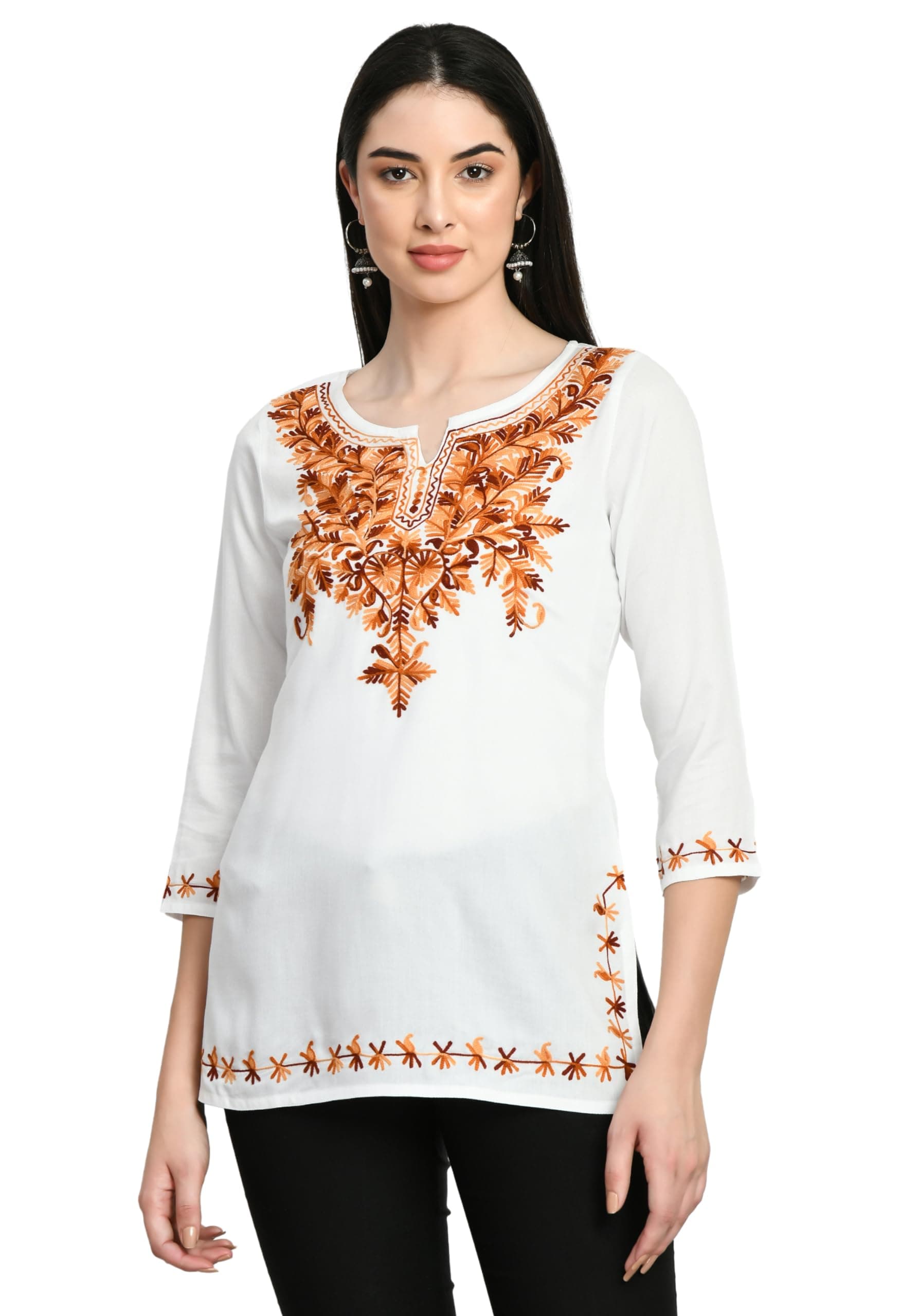 QAZMI Women Cotton Rayon Kashmiri Embroidered Straight Kurti (3XL, White)