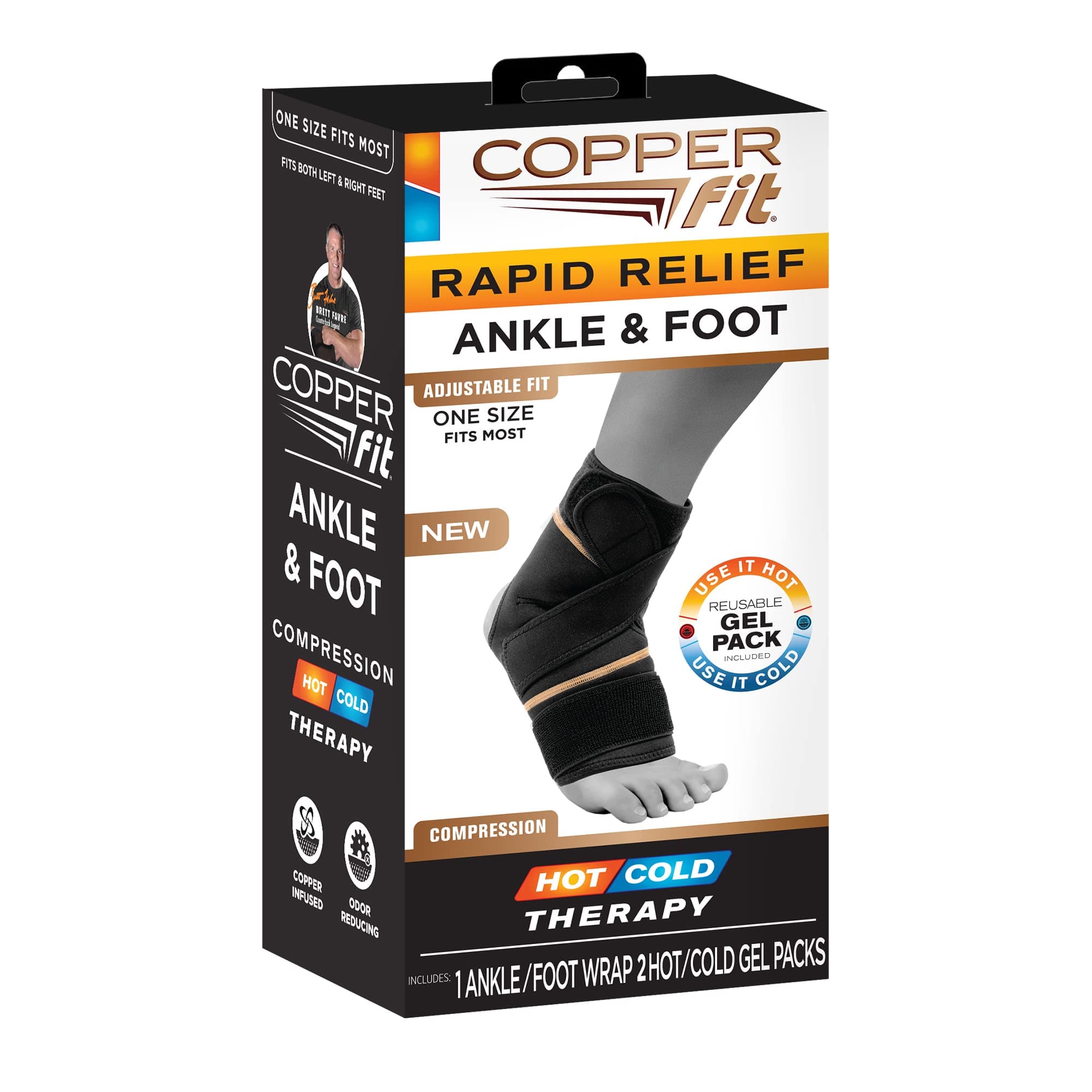 Copper Fit unisex adult Rapid Relief & Hot/Cold Ankle Foot Wrap with Hot Cold Pack, Black, One Size Fits Most US