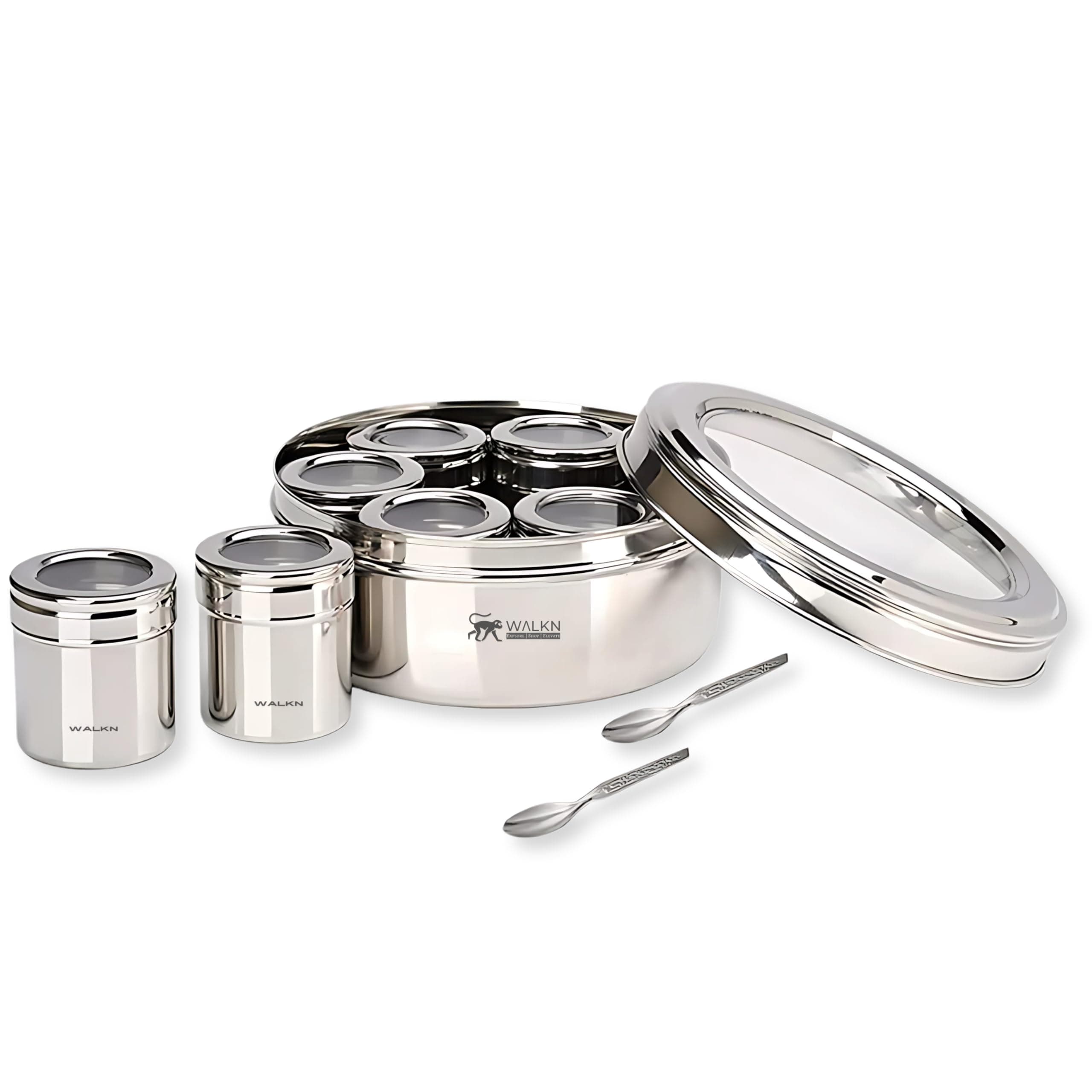 WALKN See Through 2.5L Stainless Steel Masala box for Kitchen | Spice Box | Spice Organiser | Masala Daani | Masala Dabba with 9 Containers and Small Spoons | Silver