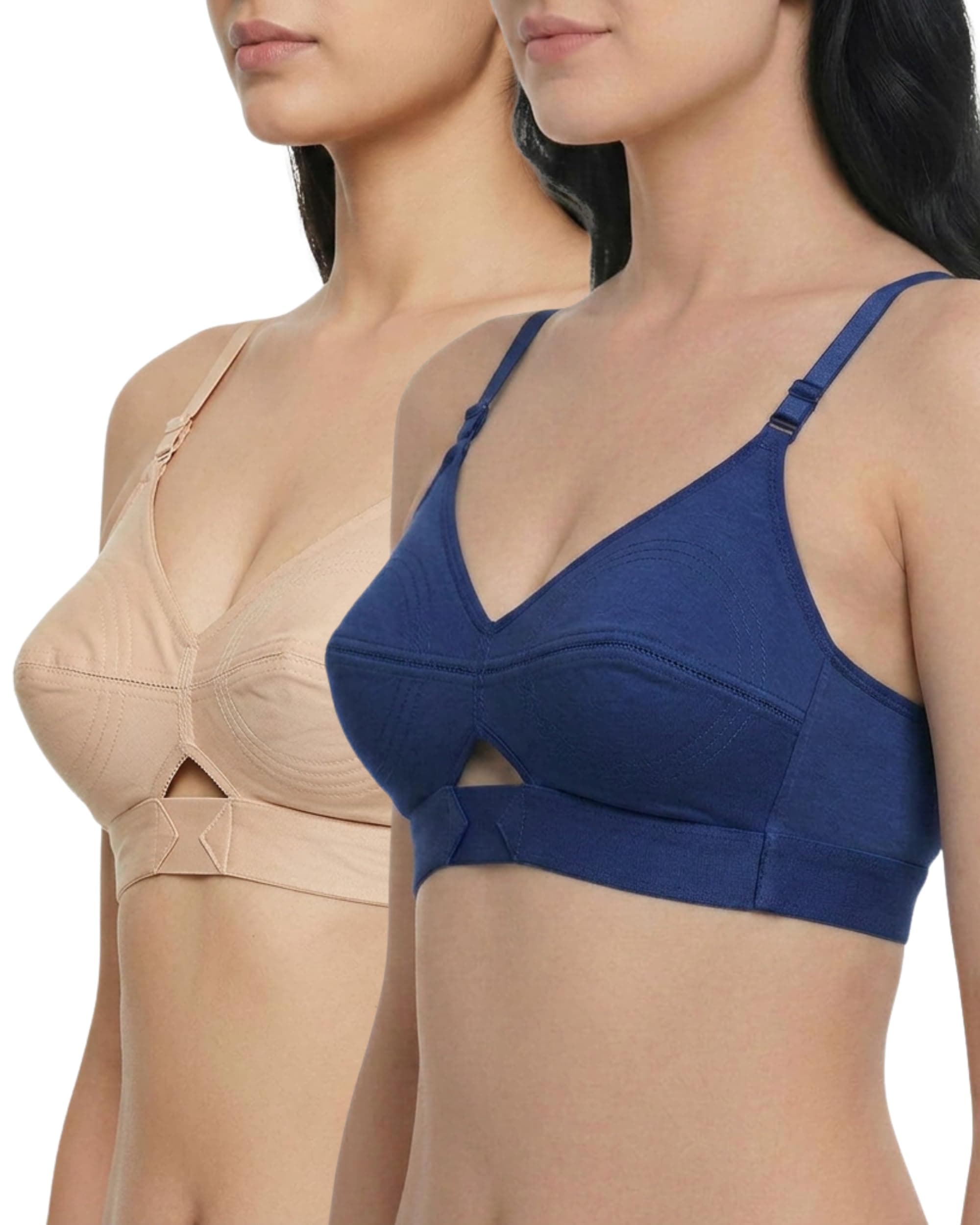 Brida Kavya Xtra Soft Cotton Round Stitch Bra for Women | Full Coverage | Non-Padded | Wireless | Double Layer Support | Heavy Bust | Combo Pack | Colours May Vary (Skin,Navy Blue,42,C) 2 Combo