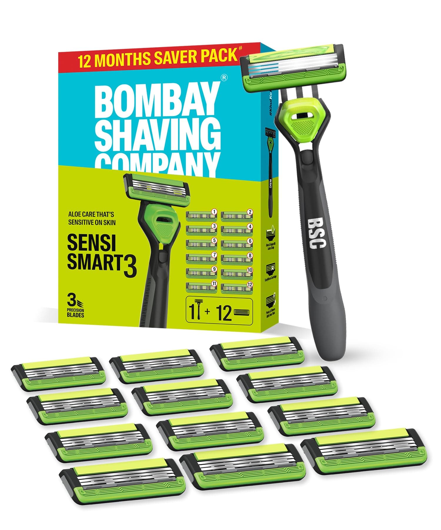 Bombay Shaving Company Sensi Smart 3 Annual Shave Pack (1 Razor + 12 Blades) | Shaving Razor and Cartridges for Man | Aloe and Argan Oil Lubra Strip with Pivot Head