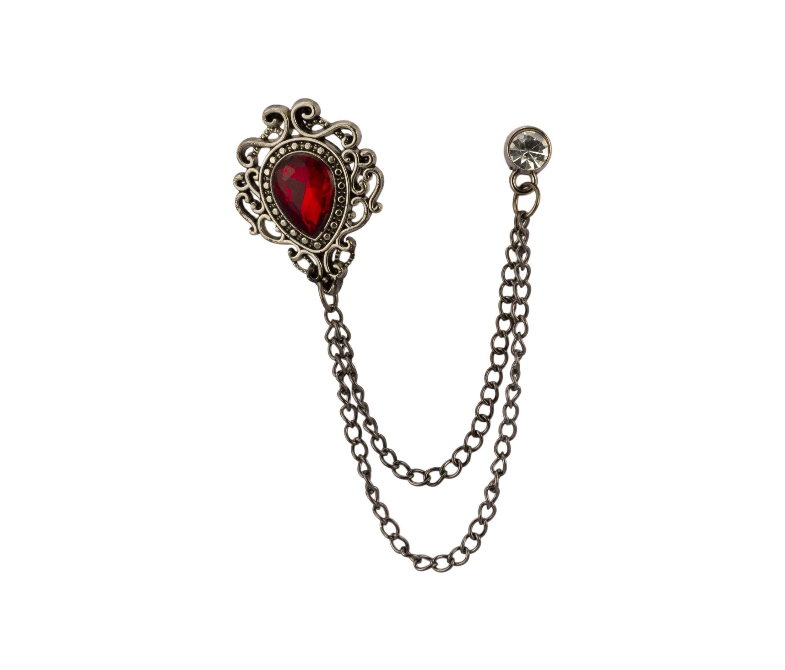 Knighthood Red Stone Gun Metal Engraving Stone Chain Brooch for Men