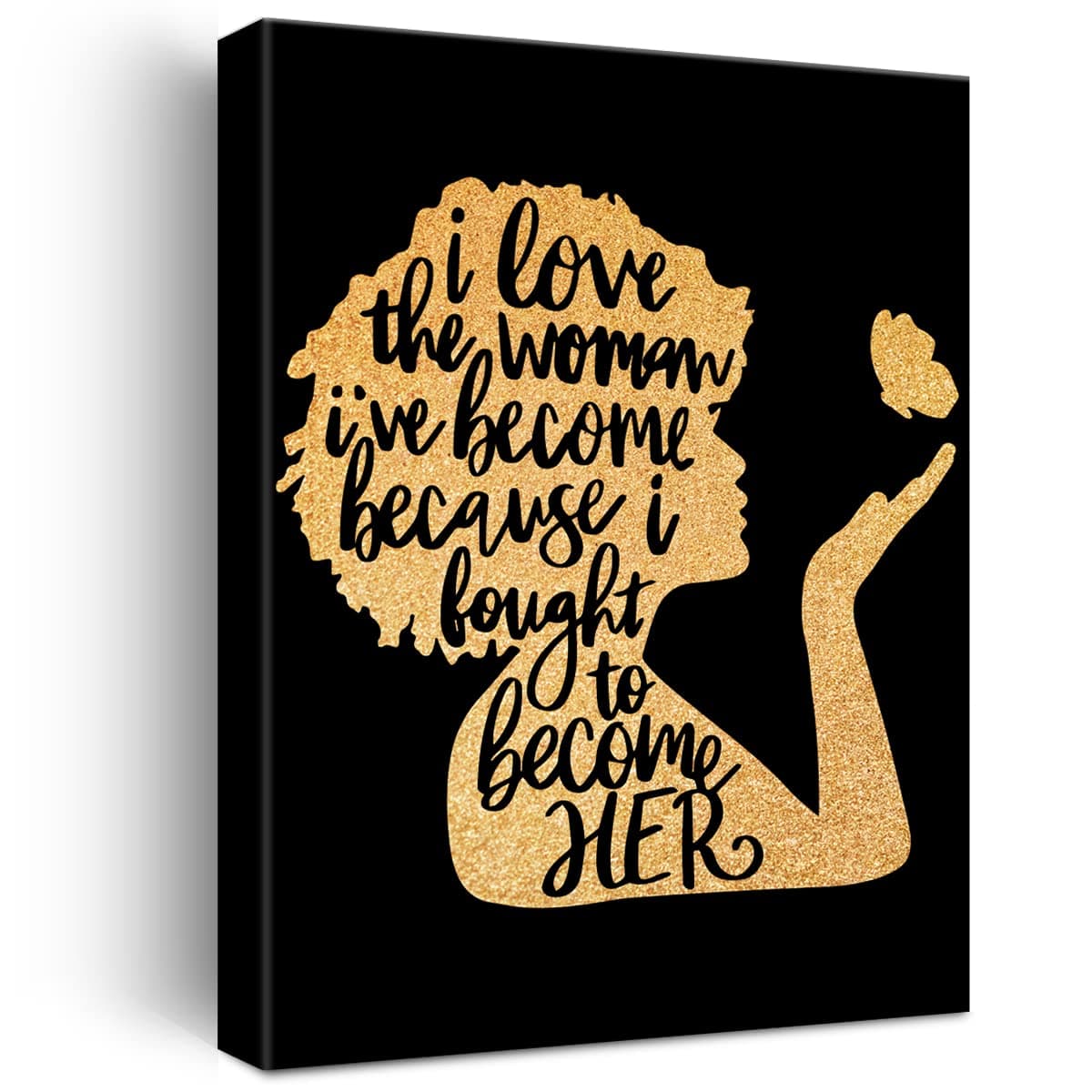 JerLoe Black Woman Canvas Wall Art Motivational Afro Woman Black Girl Magic Gold Foil Art Print Framed Canvas Painting Artwork Home Decor Gifts 12x15 Inch