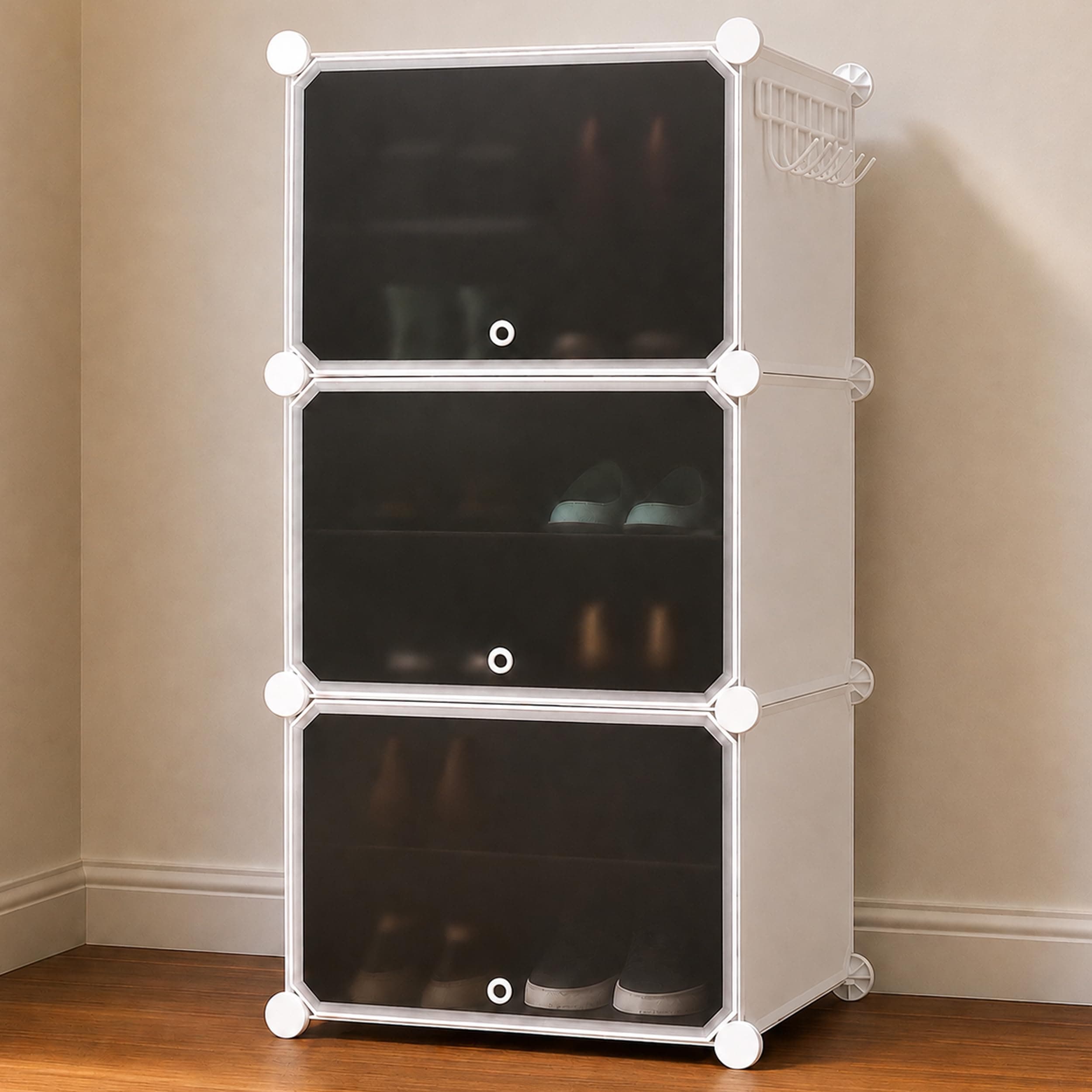 Oumffy Plastic Shoe Rack for Home | 𝟔 𝐋𝐚𝐲𝐞𝐫 Shoe Organizer Cabinet with 𝟑 𝐃𝐨𝐨𝐫𝐬 | Dustproof Shoe Storage Rack for Entryway, Bedroom & Living Room | Space Saving Multipurpose Stand | White