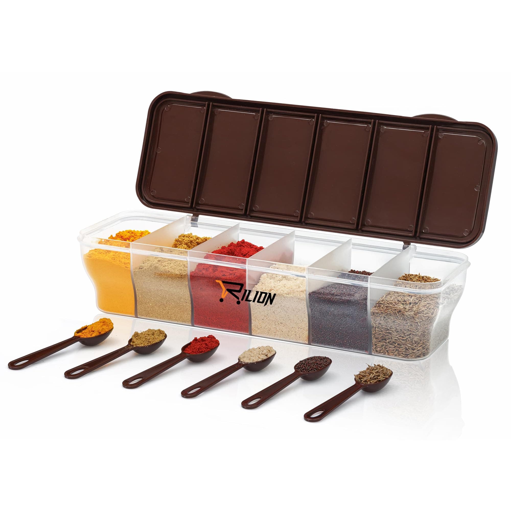 RILION Multipurpose 6-in-1 Masala Box for Kitchen| Airtight BPA-Free Plastic 6 Section Storage Container with 6 Spoons, 1800 ml Transparent Pickle Box for Spices| Dry Fruits, Snacks Pack Of 1 Brown