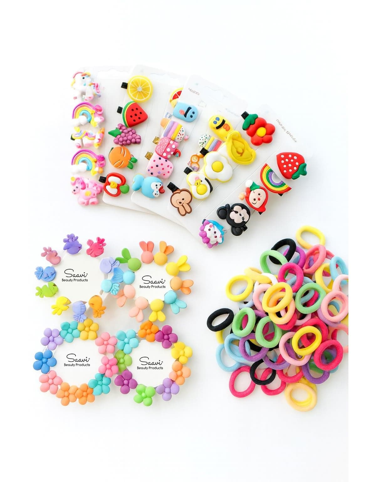 Saavi 130 Pcs combo Baby Hair Accessories 10 pcs Cute Fruit Cartoon Hair Clips 20pcs Mini Hair Claw Clip 100pcs Baby Hair Ties for Girls and Kids Hair Pin for Kids & Small Girls (Random Designs)