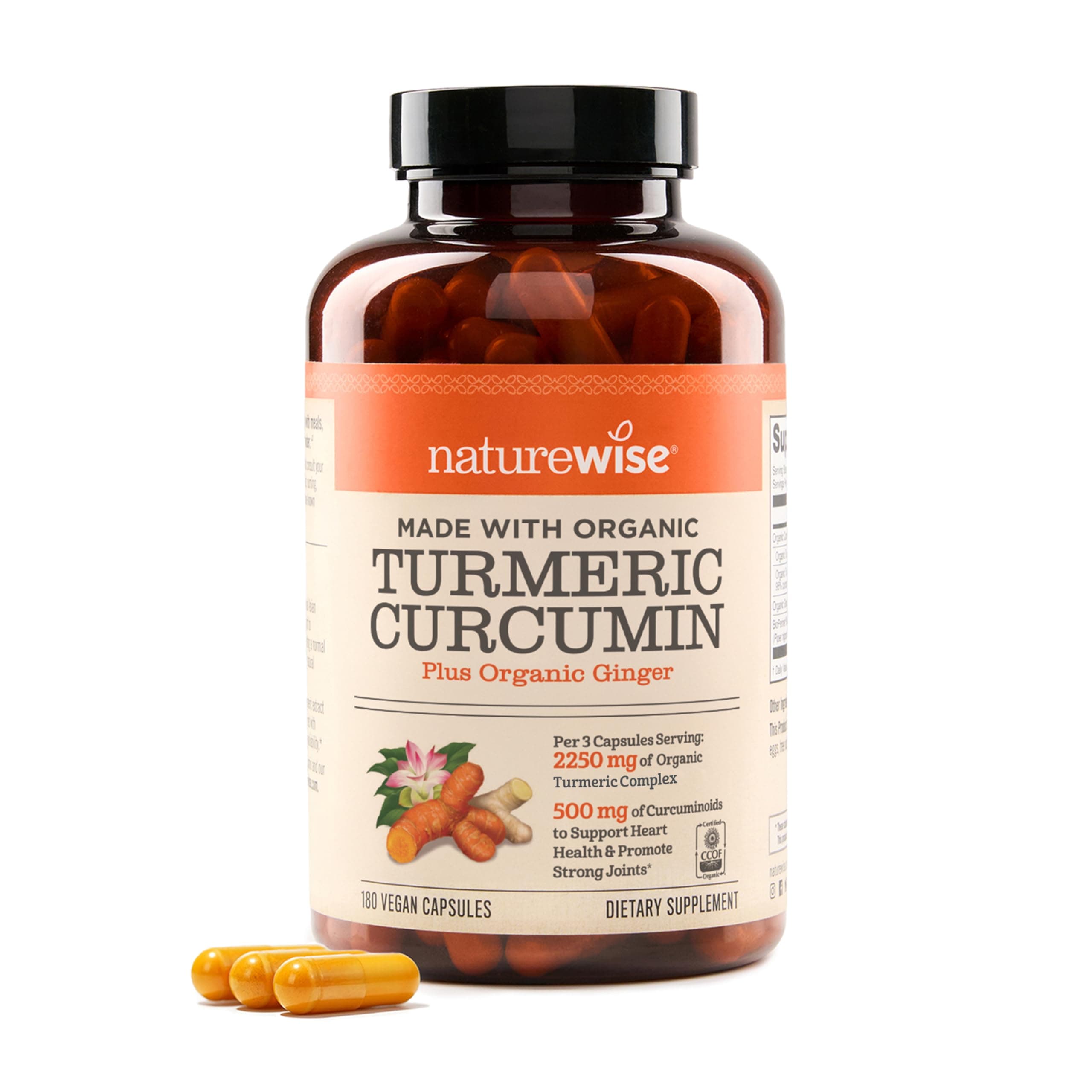 NatureWise ORGANIC Curcumin Tumeric 1650mg,180 caps with 95% Curcuminoids for Cardiovascular Support & Healthy Joints with Advanced Absorption