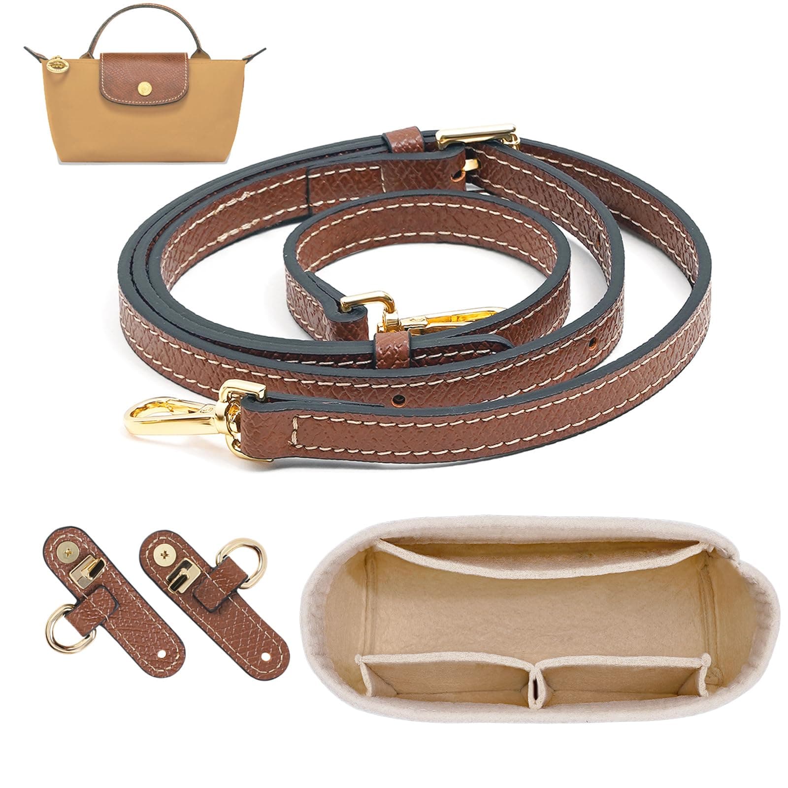 LOUKAYCCI 2 Kit Mini Bag Leather Shoulder Strap and Felt Purse Organizer Insert for Longchamp mini XS Bag Punch-Free Adjustable Buckle Strap Design（Beige & Strap）