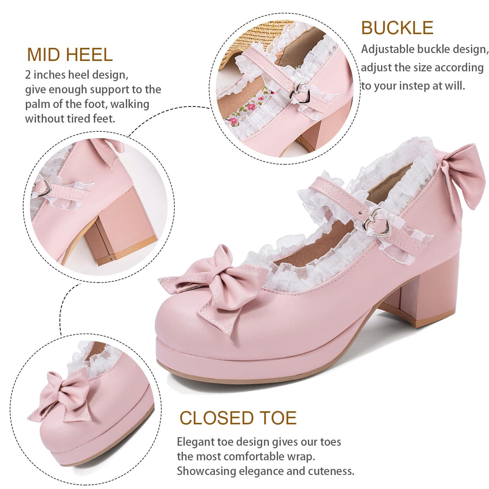 LUXMAX Women Kawaii Mid Block Heel Mary Jane Rockabilly Pumps with Bow Platform Chunky Heel Cute Sweet Shoes