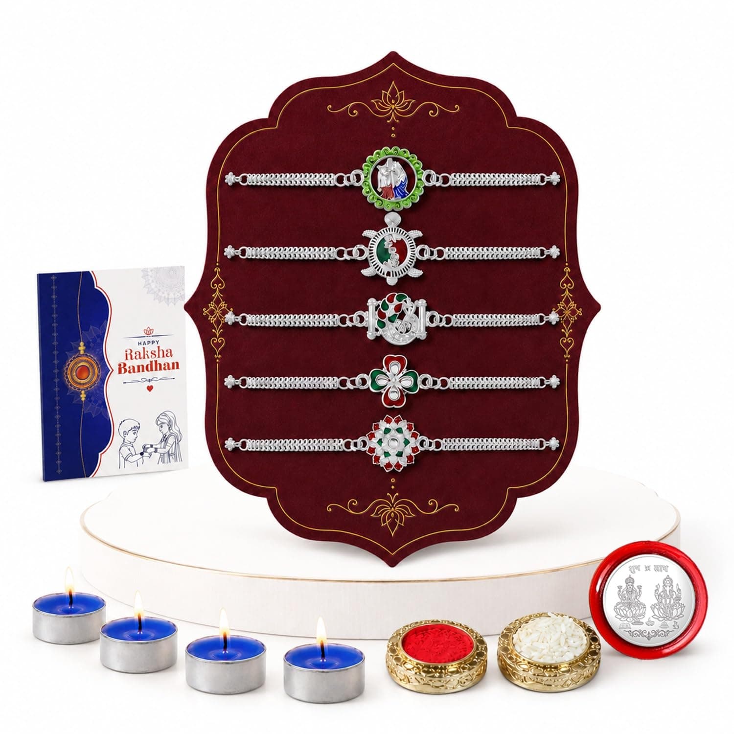Periapt Designer Rakhi Set of 5 for Brother – Silver Colour Bracelet Design with Decorative Tealight Candles 4pc, Pooja Coin, Roli Chawal & Card | Rakhi with Gift Combo for Raksha Bandhan