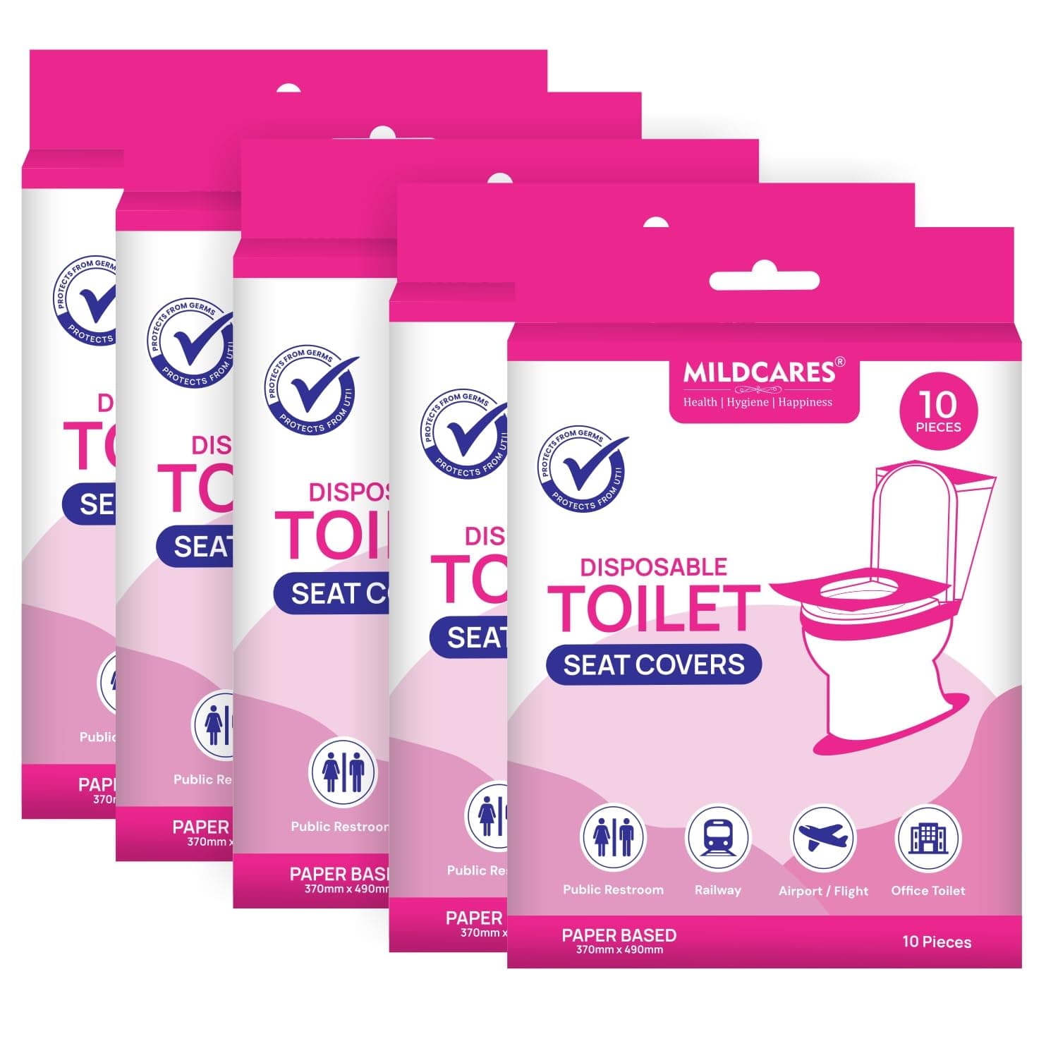 MildCares Disposable Toilet Seat Covers (Pack of 5, 50 Sheets)|Say No Direct Contact With Unhygienic Seats | Protects Against Germs For Public Toilets & Travel Essentials | Flushable & Nature Friendly