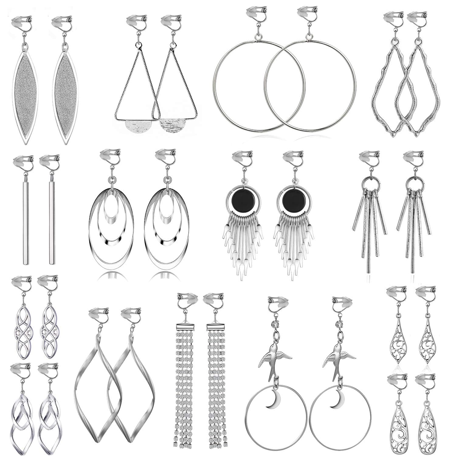 15 Pairs Multi-style Clip-on Earrings for Women, Hypoallergenic,Ligthweight,Come with Rubber Pads.Non-pierce