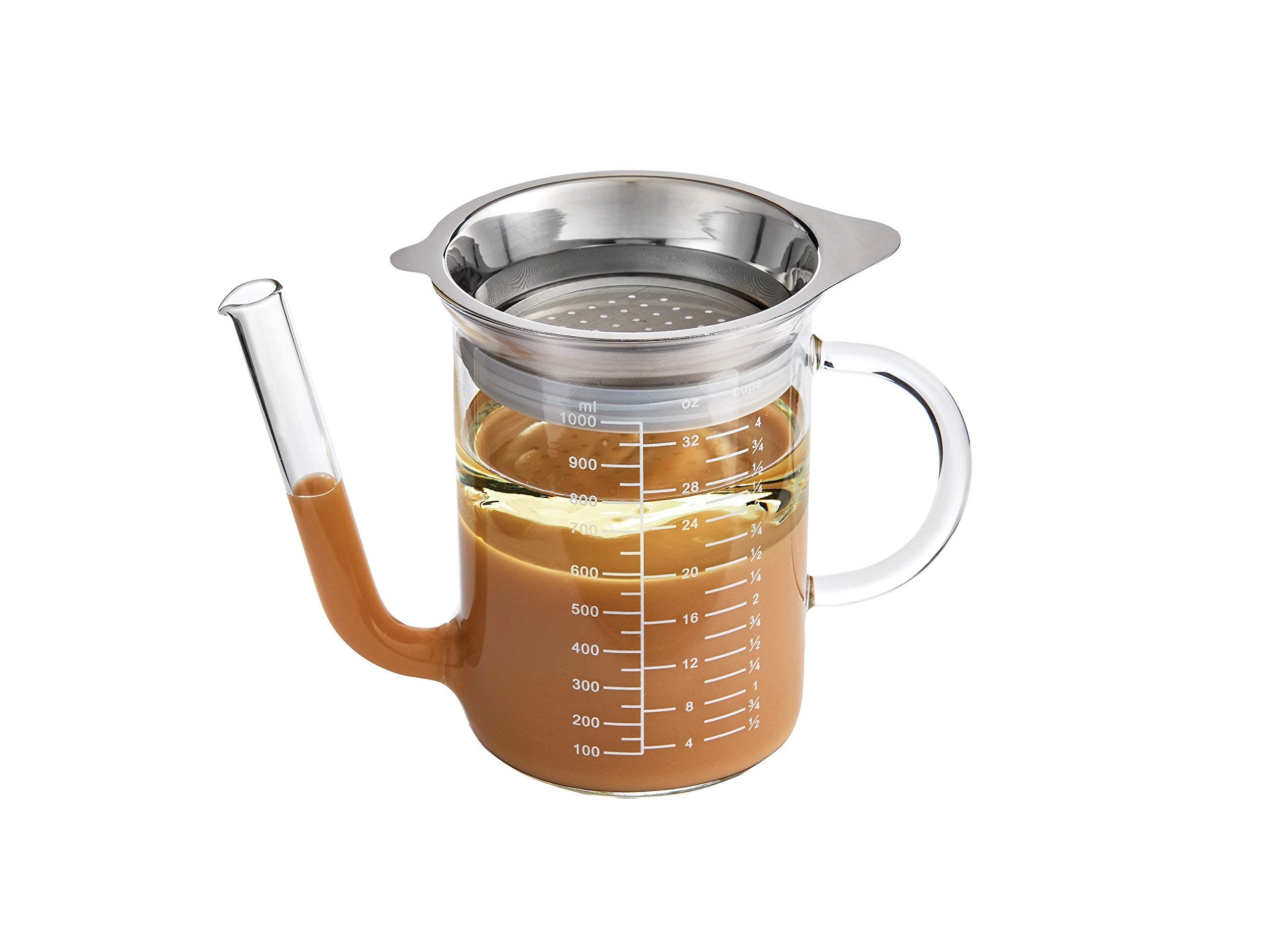 HIC Gravy Strainer and Fat Separator, Heat-Safe Borosilicate Glass with 18/8 Stainless Steel Fine-Mesh Filter and Pierced Strainer, 4-Cup (32-Ounce) Capacity