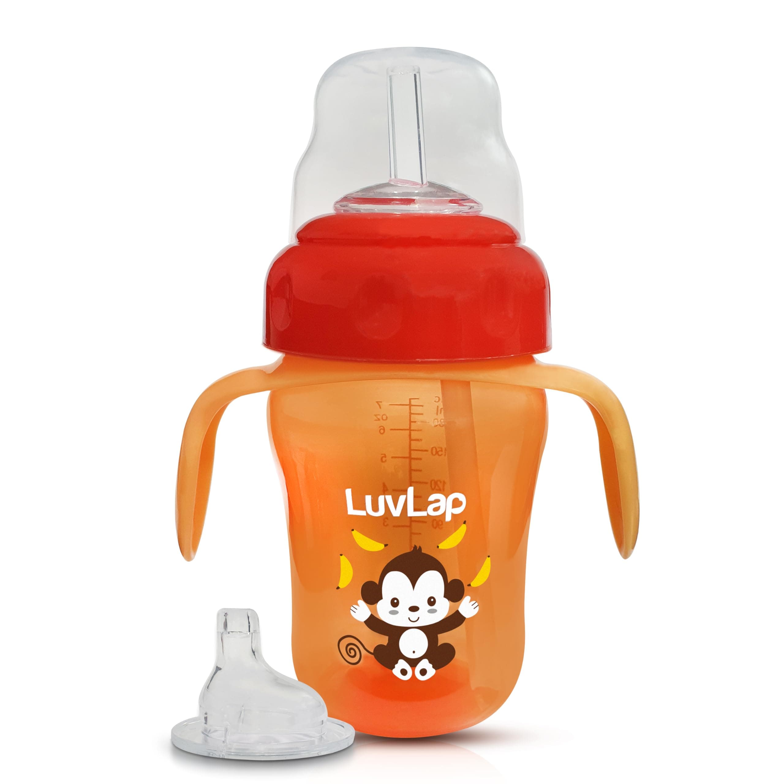 LuvLap Banana Time 210ml Anti Spill, Interchangeable Sipper / Sippy Cup with Soft Silicone Spout and Straw BPA Free for Kids 1 year+ (Orange)