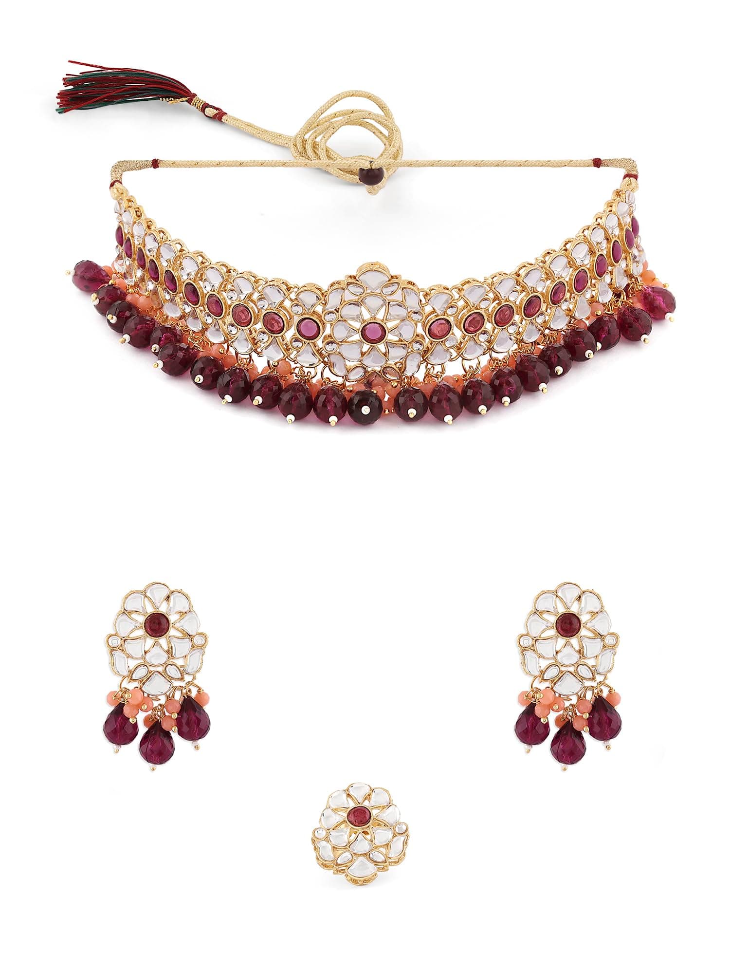 ZAVERI PEARLS Wine & Peach Cluster Drops Kundan Choker Necklace Earring & Ring Set For Women-ZPFK16510