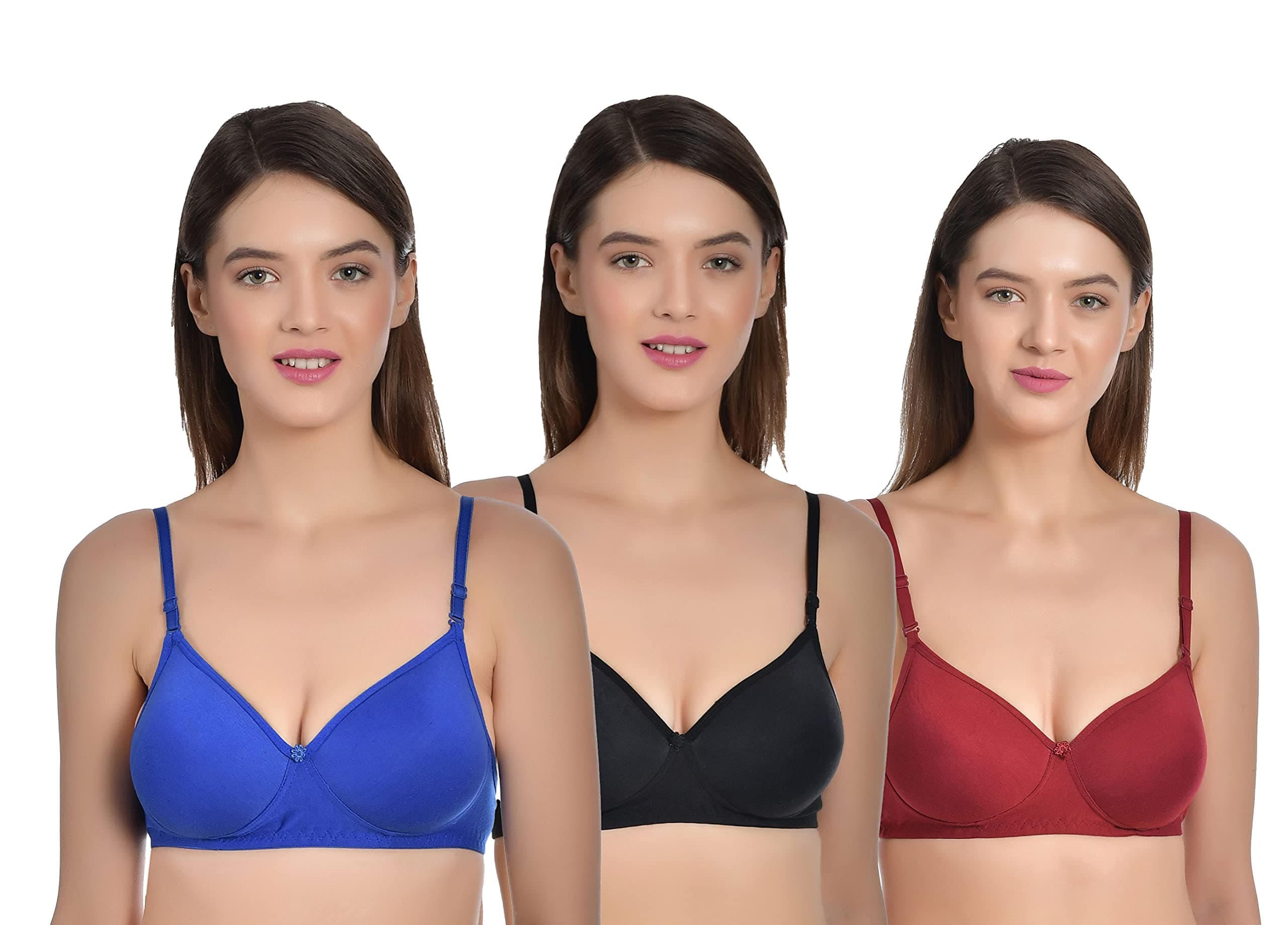 Aimly Women's Cotton Seamless Padded Non-Wired Moderate Coverage Removable Strap Bra Pack of 3