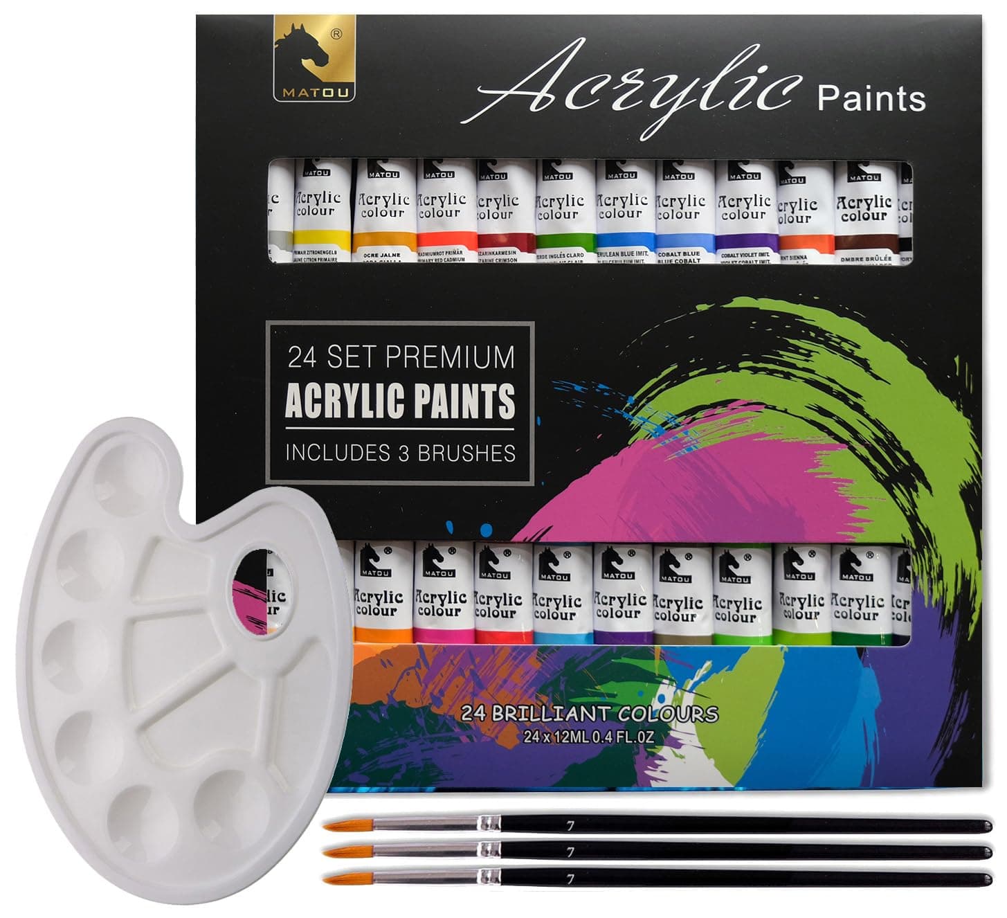 STORE 2508 Willows Acrylic Paint Set – 24 Premium Acrylic Paint Tubes with 3 Brushes & Palette– Vibrant, Non-Toxic Pigments for Canvas, Glass, Plastic, Rocks, Arts and Crafts