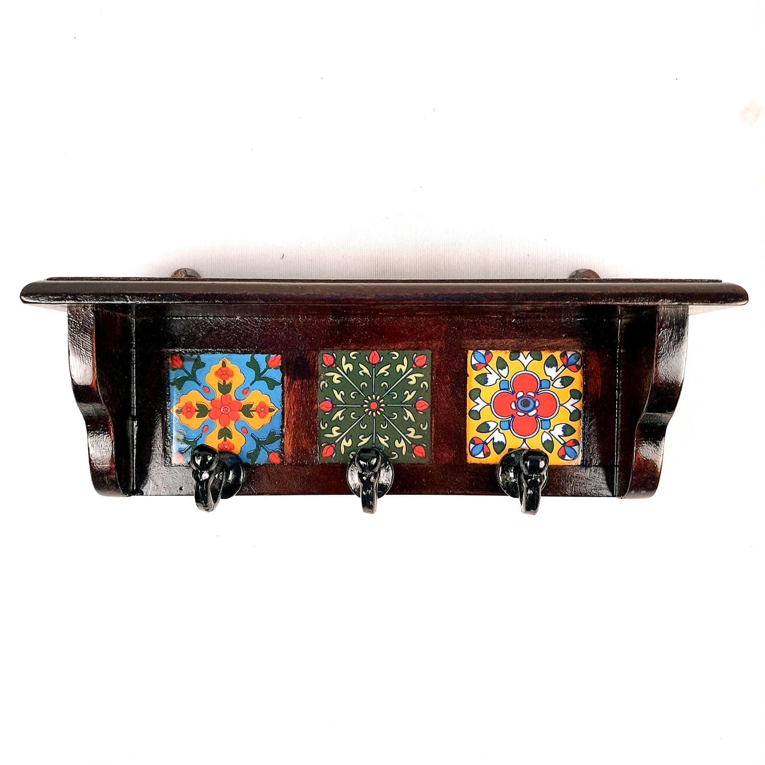 Apka Mart The Online Shop Wooden Shelf with Wall Key Hooks - Wall Mount | Floating Shelves for Decorating Showpieces, Vases, Candle Holders & Books | Key Holder Organiser