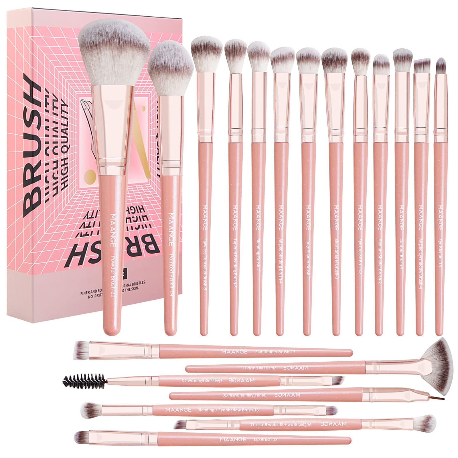 MAANGE Makeup Brush Set 20Pcs Premium Synthetic Foundation Face Powder Blush Concealers Make Up Brushes Sets (Pink)