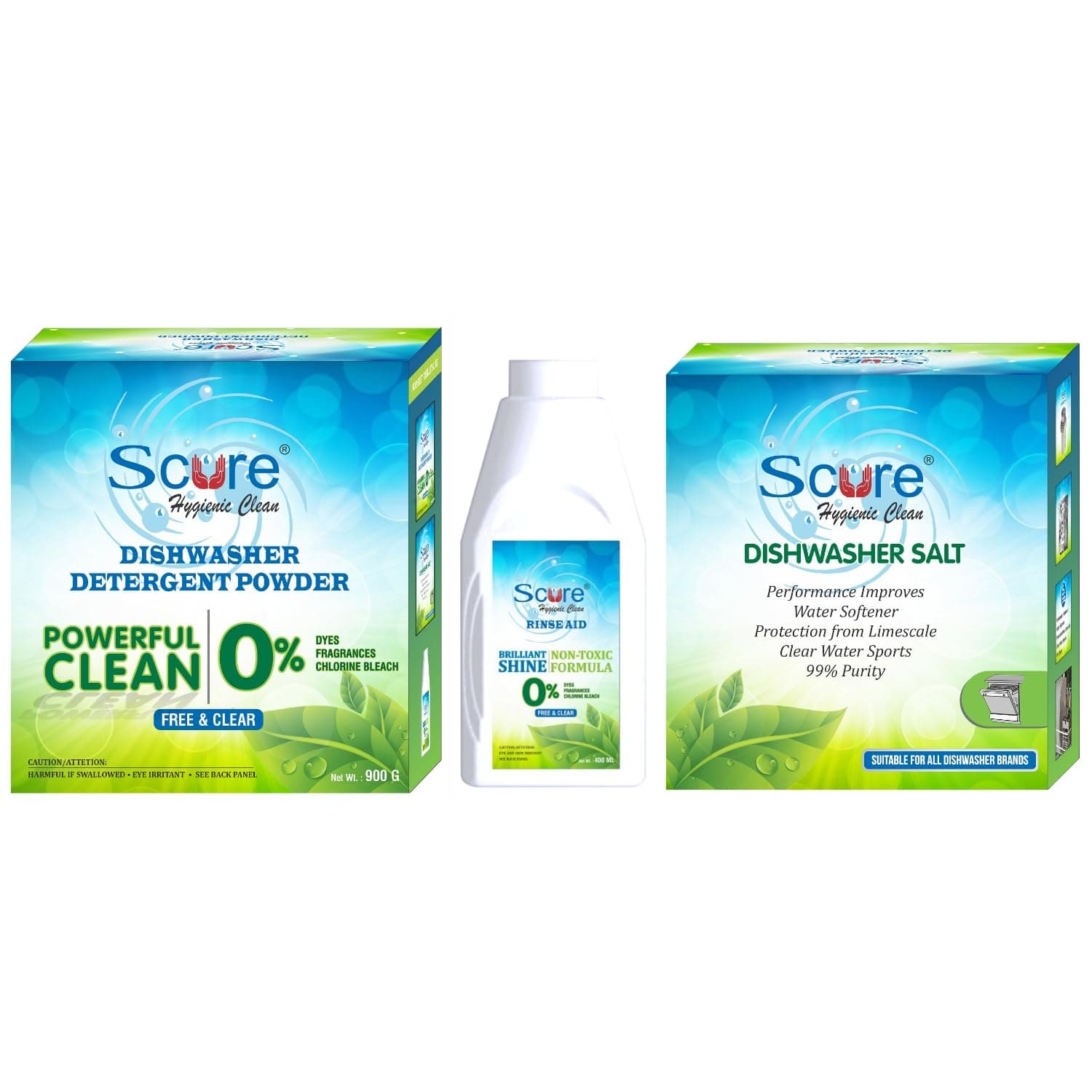 SCURE Dishwasher Starter Combo - Dishwasher Detergent 900 gm, Salt 900 gm & Rinse aid liquid 400 ml/Gives best finish cleaning to Dishes