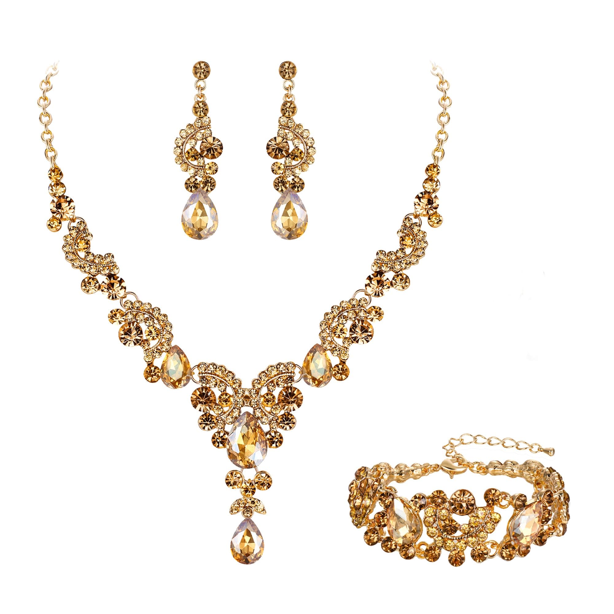 EVER FAITH Rhinestone Crystal Art Deco Bridal Prom Floral Wave Jewelry Set, 48cm (Necklace), 16cm by 2.3cm (Bracelet), crystal