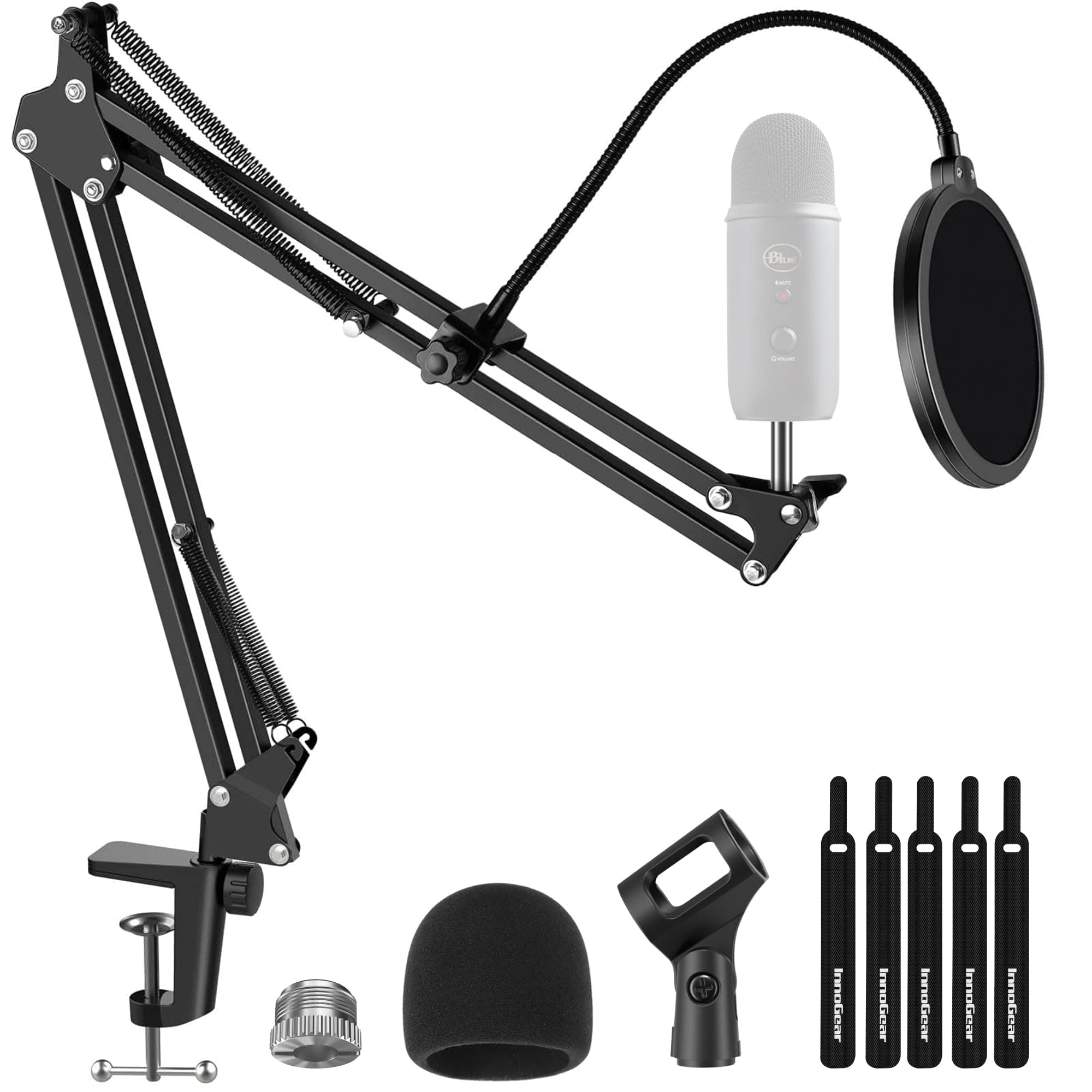 InnoGear Heavy Duty Scissor Arm Microphone Stand with Windscreen, Dual Layered Mic Filter and Boom Arm for Blue Yeti, Yeti Nano, Spark and Other Mics