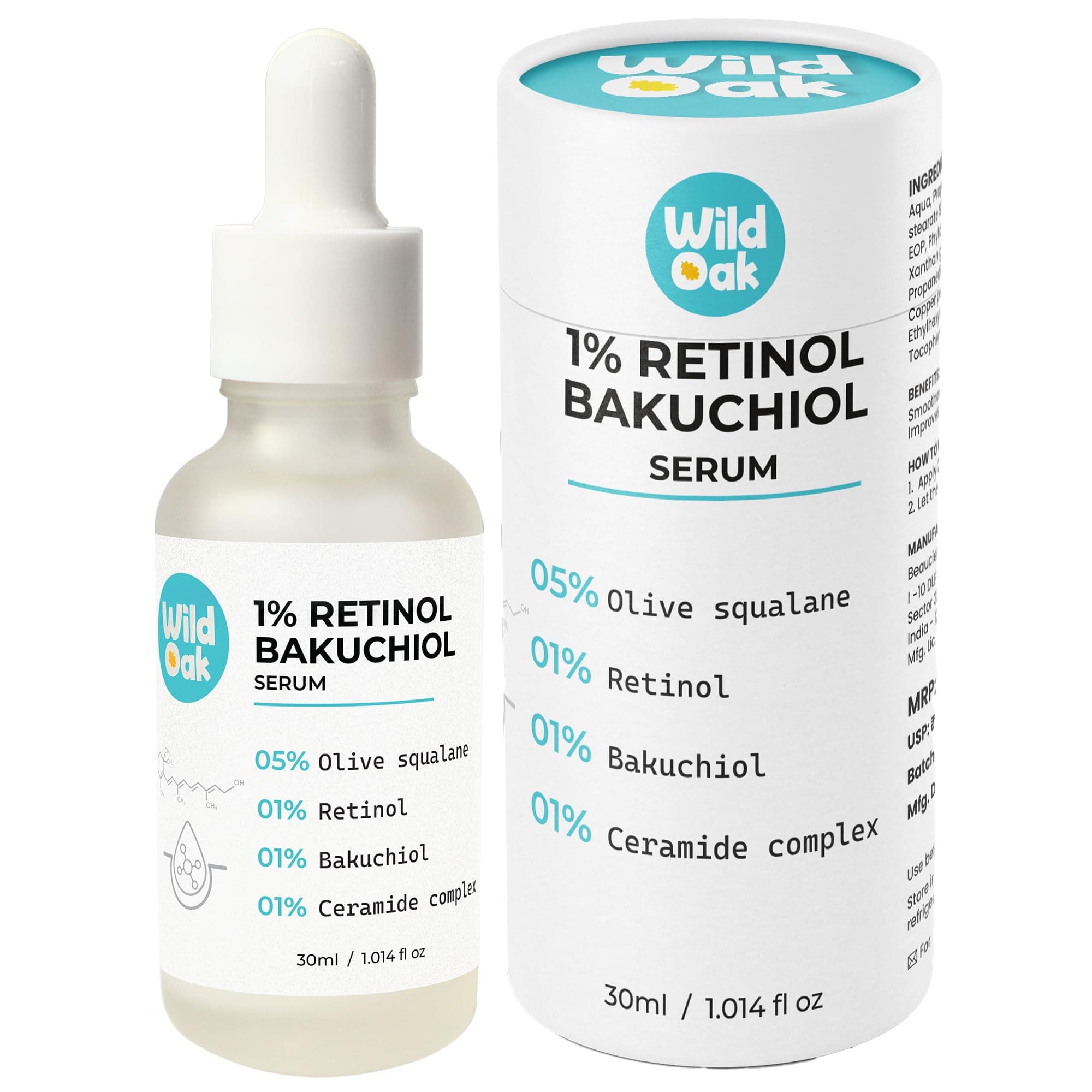 WILD OAK 1% Retinol Bakuchiol Ceramides Face Serum | Anti-Aging, Brightening & Skin Texture Improvement | Boosts Collagen & Restoration | Bakuchiol Is Powerful For Skin Barrier & Gentle On Skin |30Ml