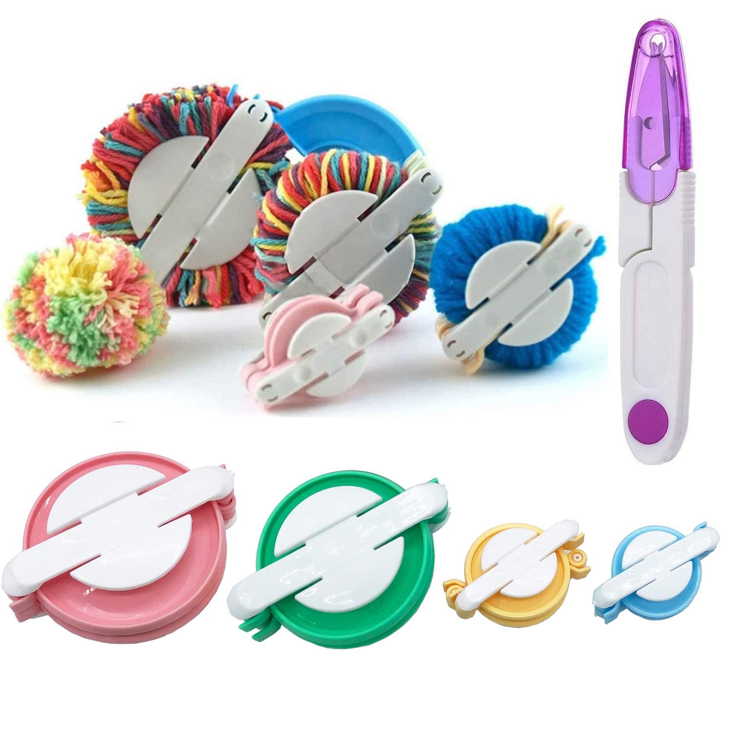 Wayion Art DIY 4 Size Pom Pom Maker Fluff Ball Bobble Weaver Needle Craft Knitting Wool Tool Kit with a Thread Cutter Scissors