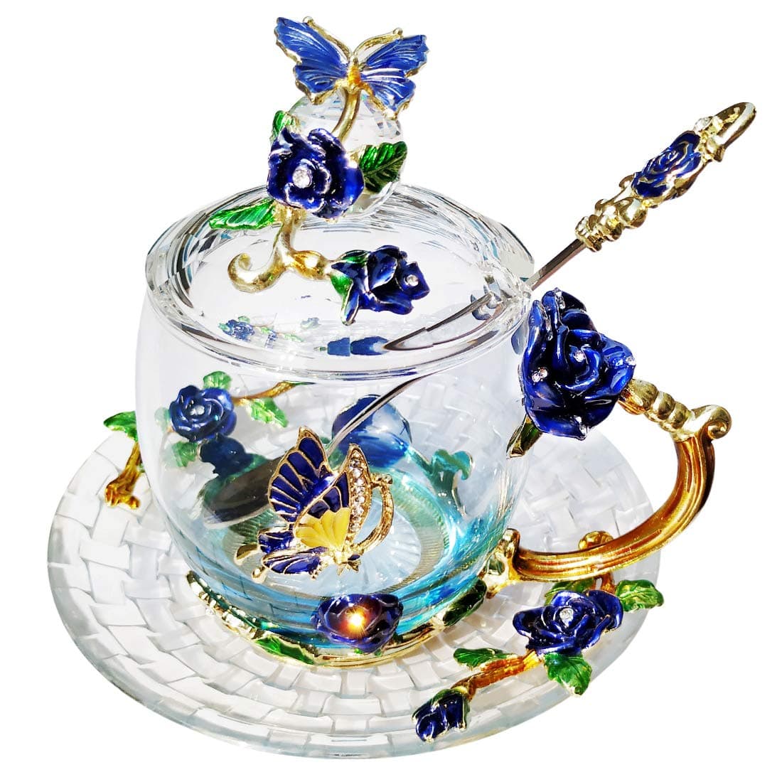 LANTREE Coffee Mug Blue Teacup with Lid Saucer Christmas Birthday Gift Women Friend Mother's Valentine's Day Rose Butterfly Cup Wedding Anniversary (Blue Short)