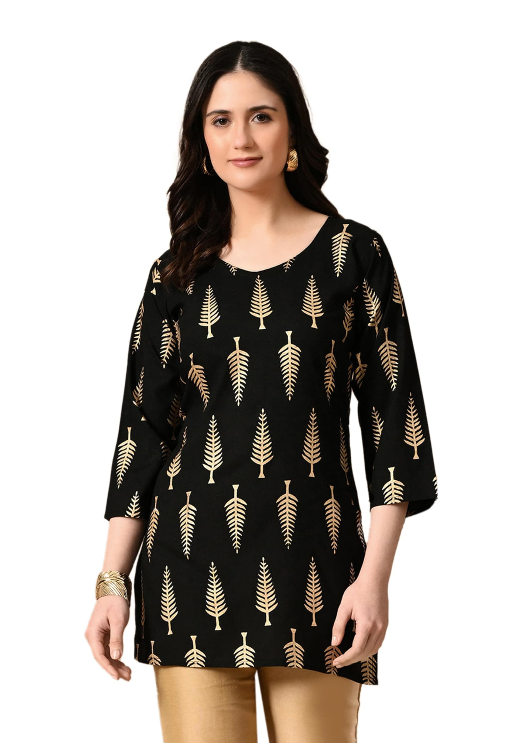 LIBOZA Short Kurti for Women for Jeans, Rayon Cotton Kurtis for Ladies, Gold Printed U Neck Women's Tunic Design Kurta, Top Floral Kurtas for Woman