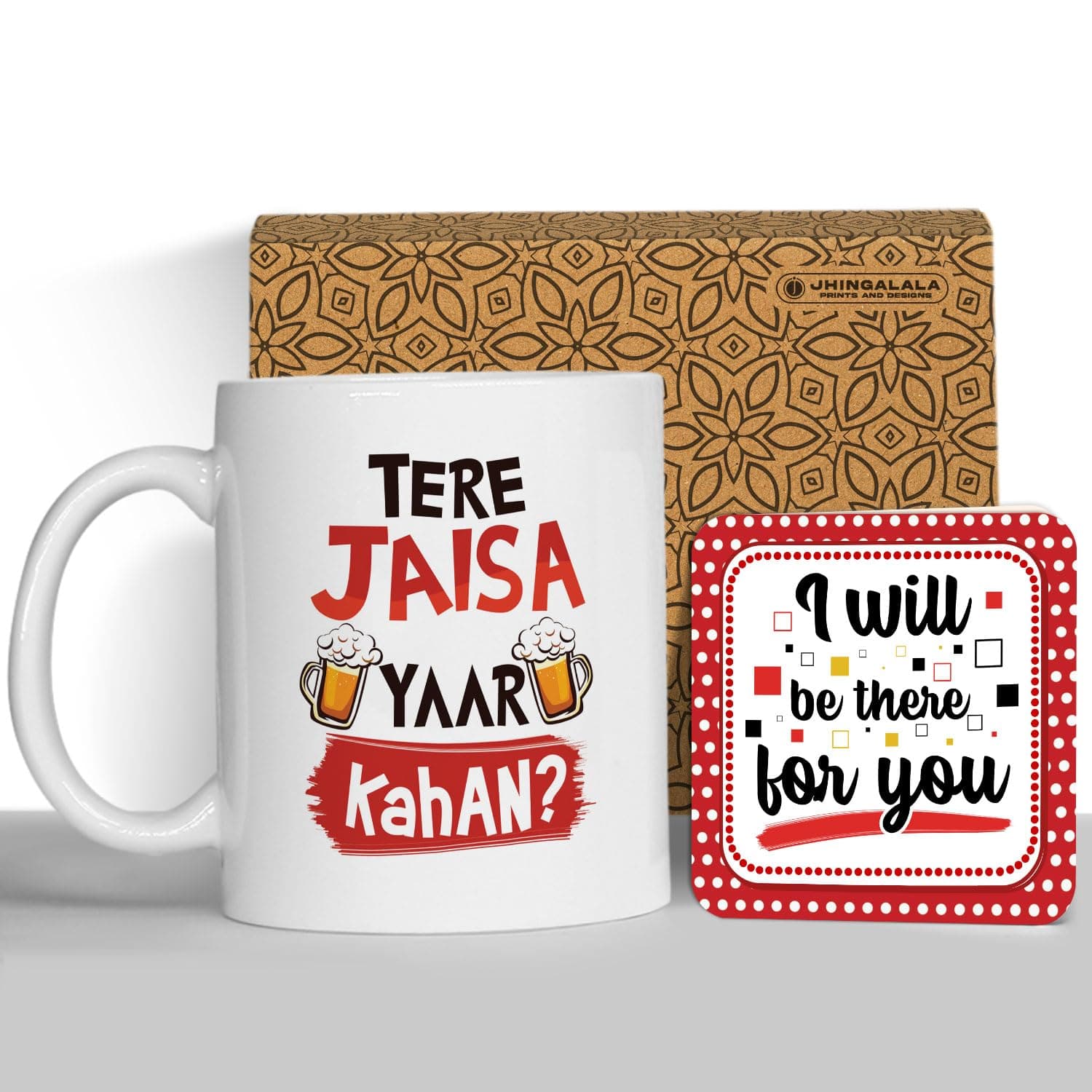 Jhingalala Gift for Friends | Tere Jaisa Yaar Kahan Printed Ceramic Coffee Mug 325ml with Greeting Card | Gift for Friends, Best Friend on Birthday, Friendship Day