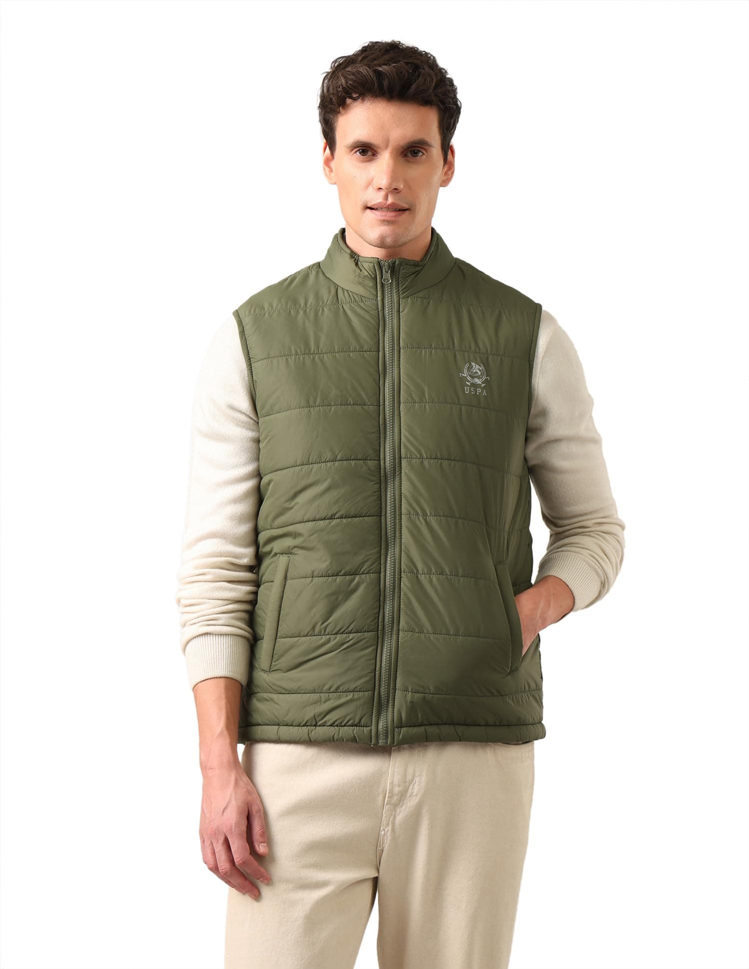 U.S. POLO ASSN. Men Grey High Neck Sleeveless Solid Padded Jacket