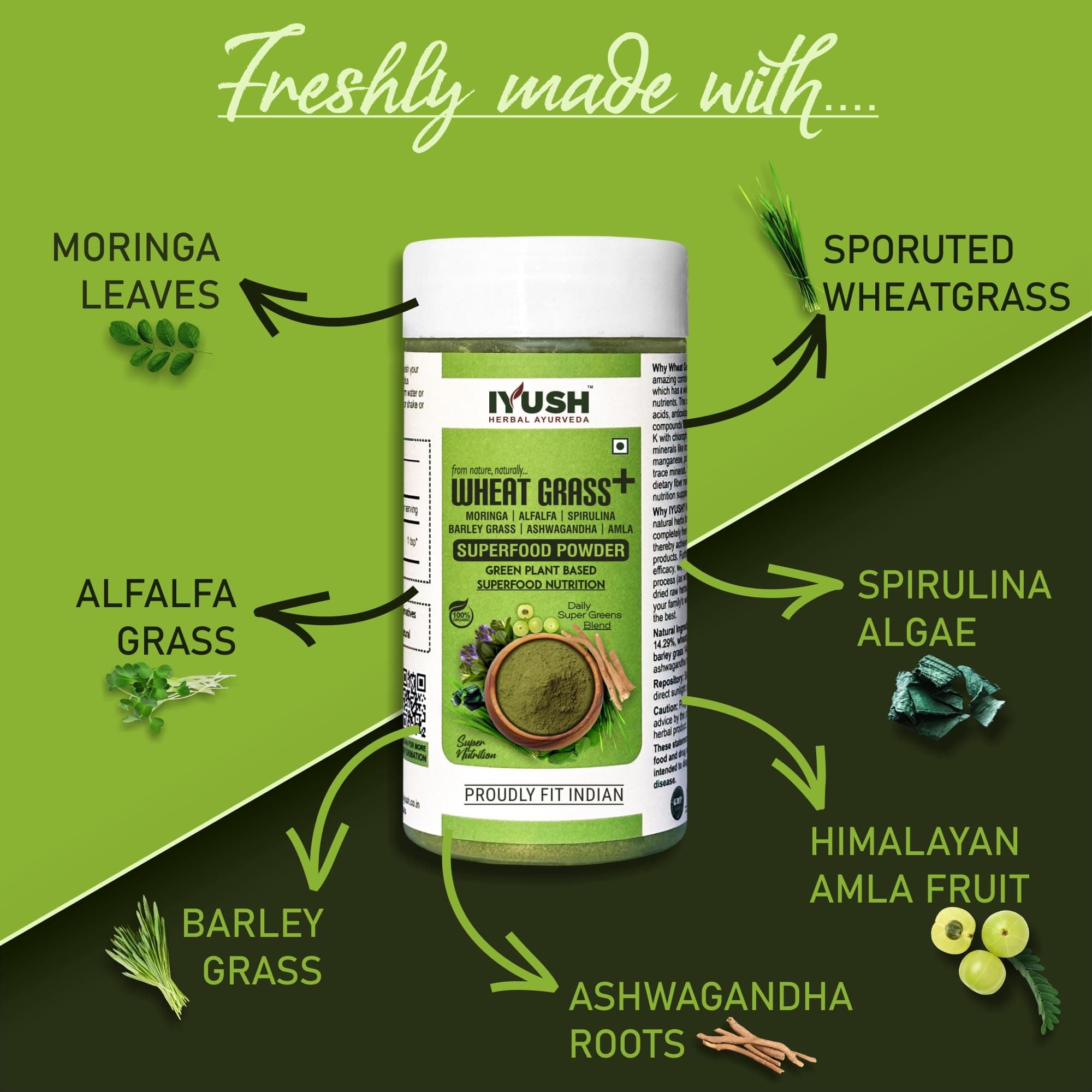 IYUSH Herbal Ayurveda Organic Wheat Grass Plus Moringa + Spirulina + Alfalfa + Barley Grass + Ashwagandha + Amla Multivitamin Superfood Powder Combo