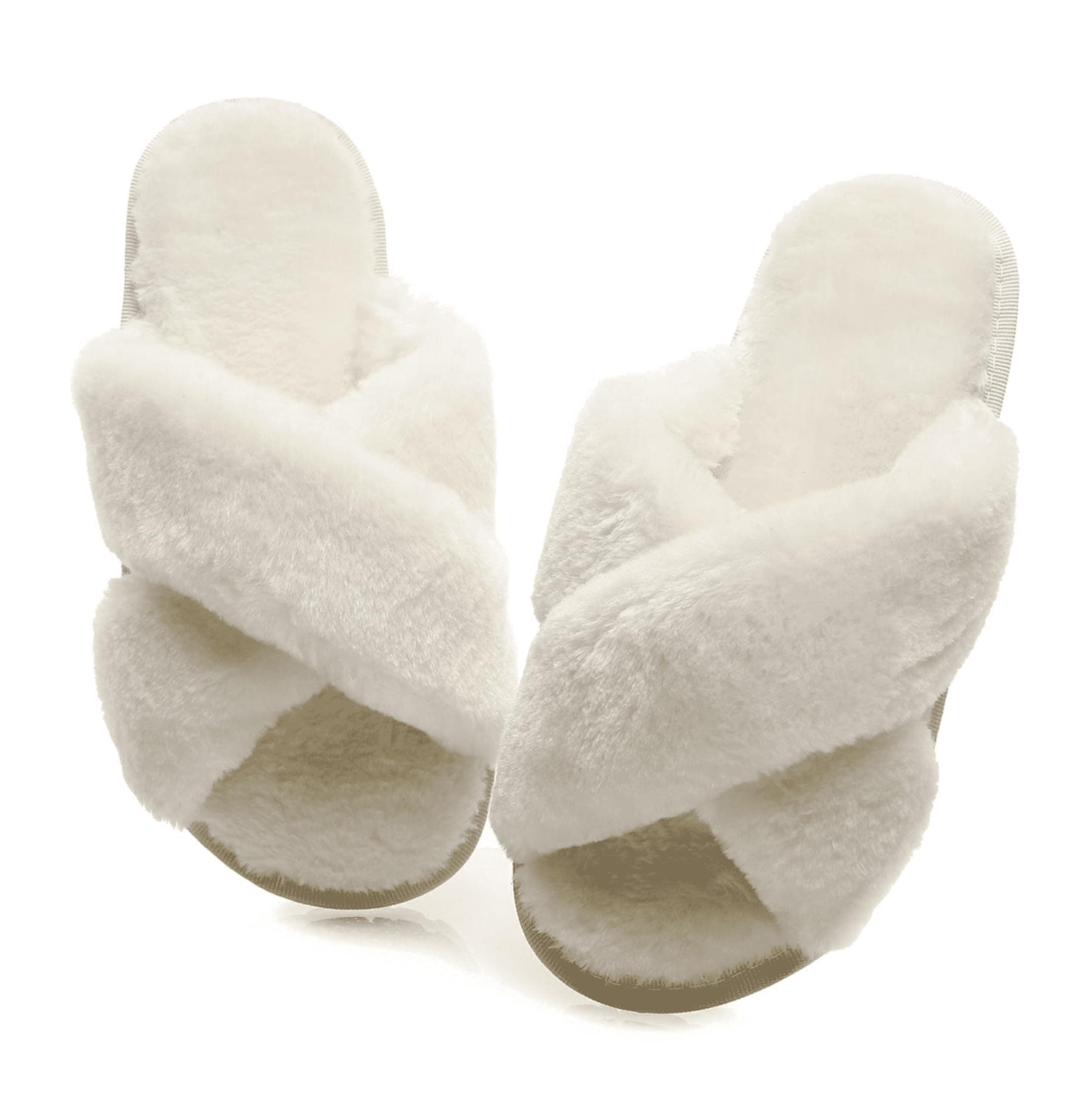Crazy Lady Women's Fuzzy Fluffy House Slippers Cute Plush Memory Foam Shoes Cross Band Indoor Outdoor Open Toe Sandals, White, 8.5-9.5
