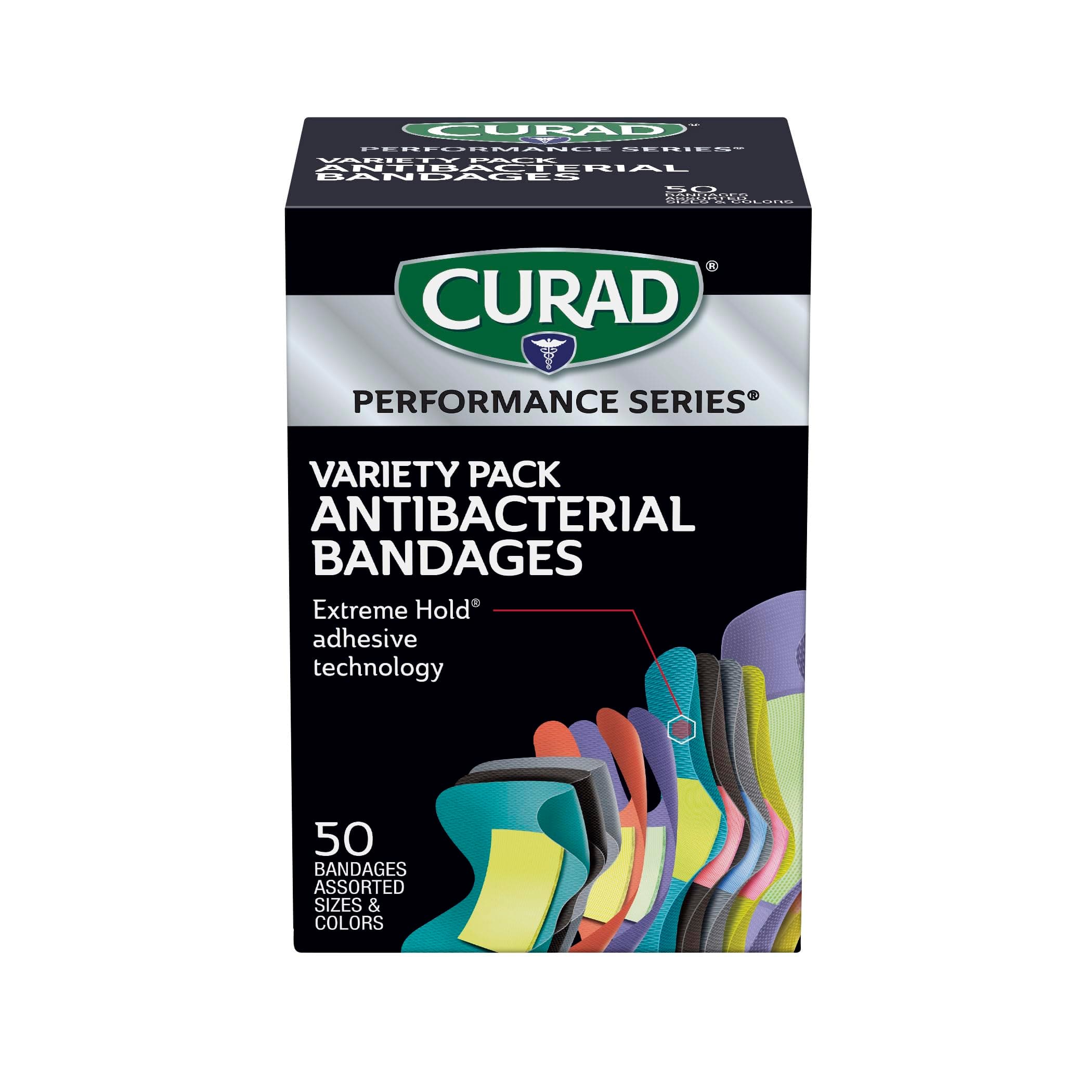 Curad - CURIM1850 Performance Series Ironman Antibacterial Bandages, Extreme Hold Adhesive Technology, Assorted Variety Pack Includes Standard, XL, Finger & Knuckle Fabric Bandages, 50 Count
