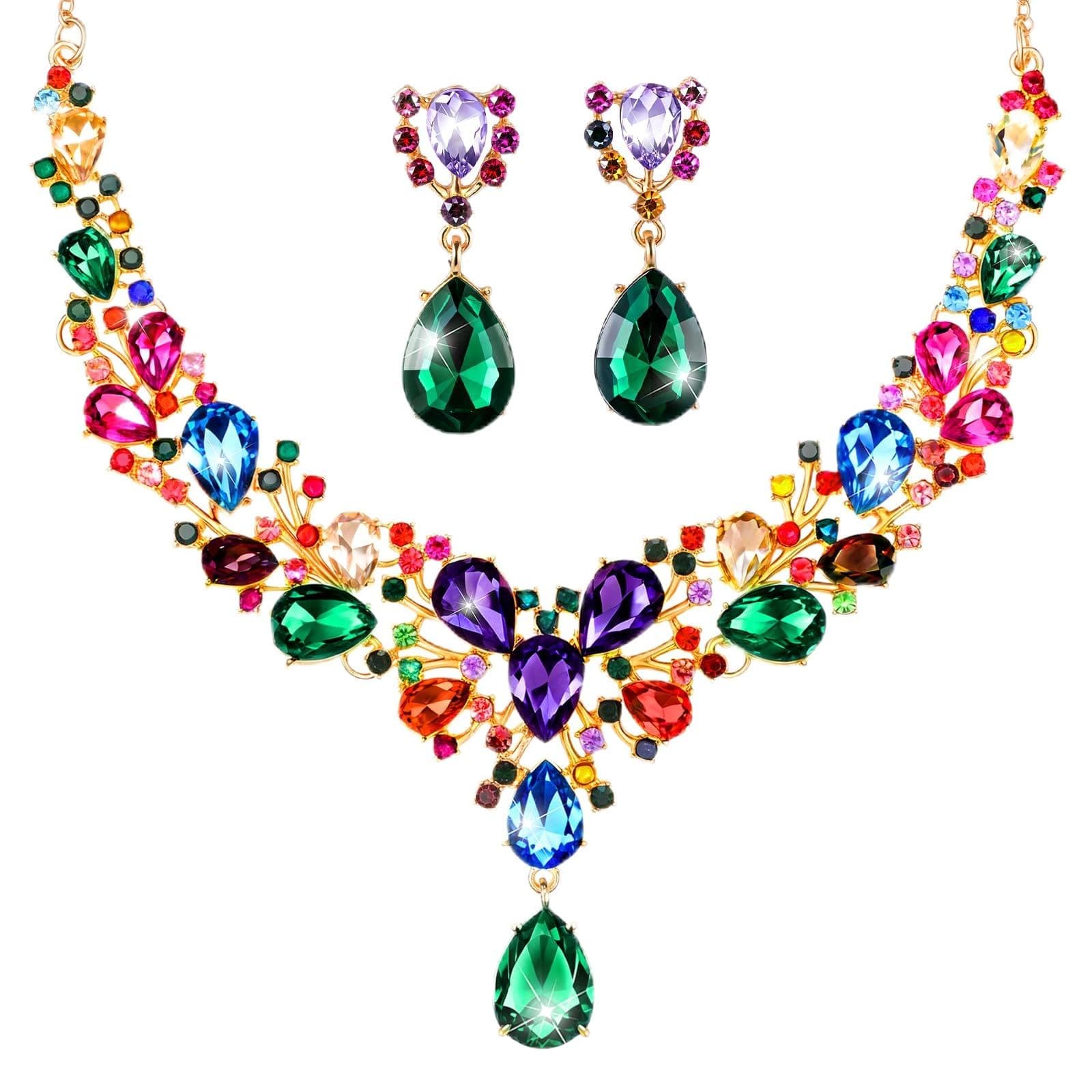 Hicarer Bridal Teardrop Cluster Crystal Jewelry Set for Women Necklace Earrings Wedding