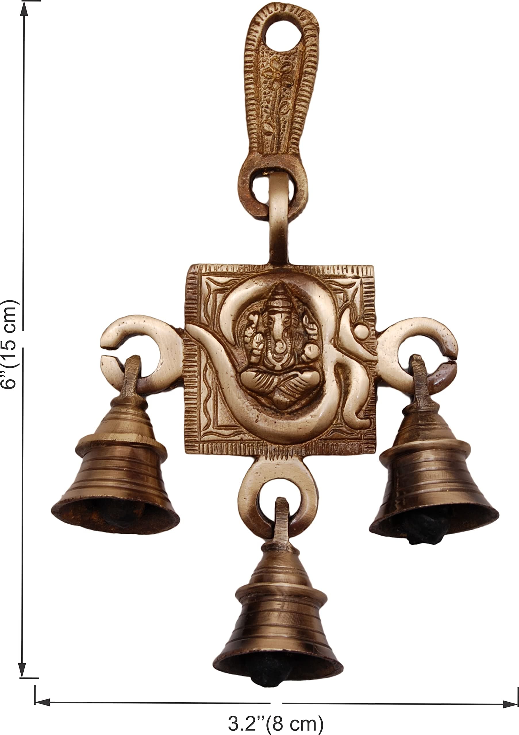 Two Moustaches Brass Om Ganesha Hanging Bells, Brass Bells for Home Decor, Hanging Bells, Brass Bells for Temple, 6 Inches, Standard, Pack of 1