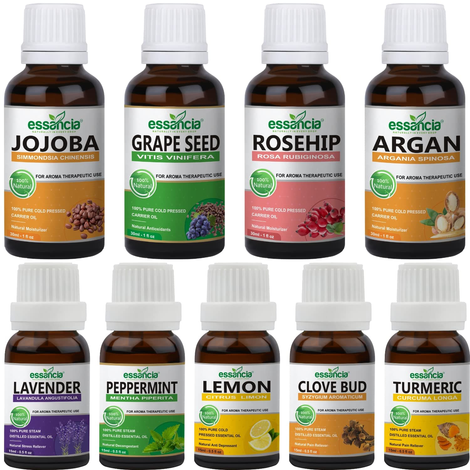Skin Brightening Essential Oils & Carrier Oils Combo Kit for Glowing Skin, Skin Whitening & Hyperpigmentation. Lavender, Peppermint, Lemon, Clove, Turmeric, Jojoba, Grapeseed, Rosehip & Argan Oils,