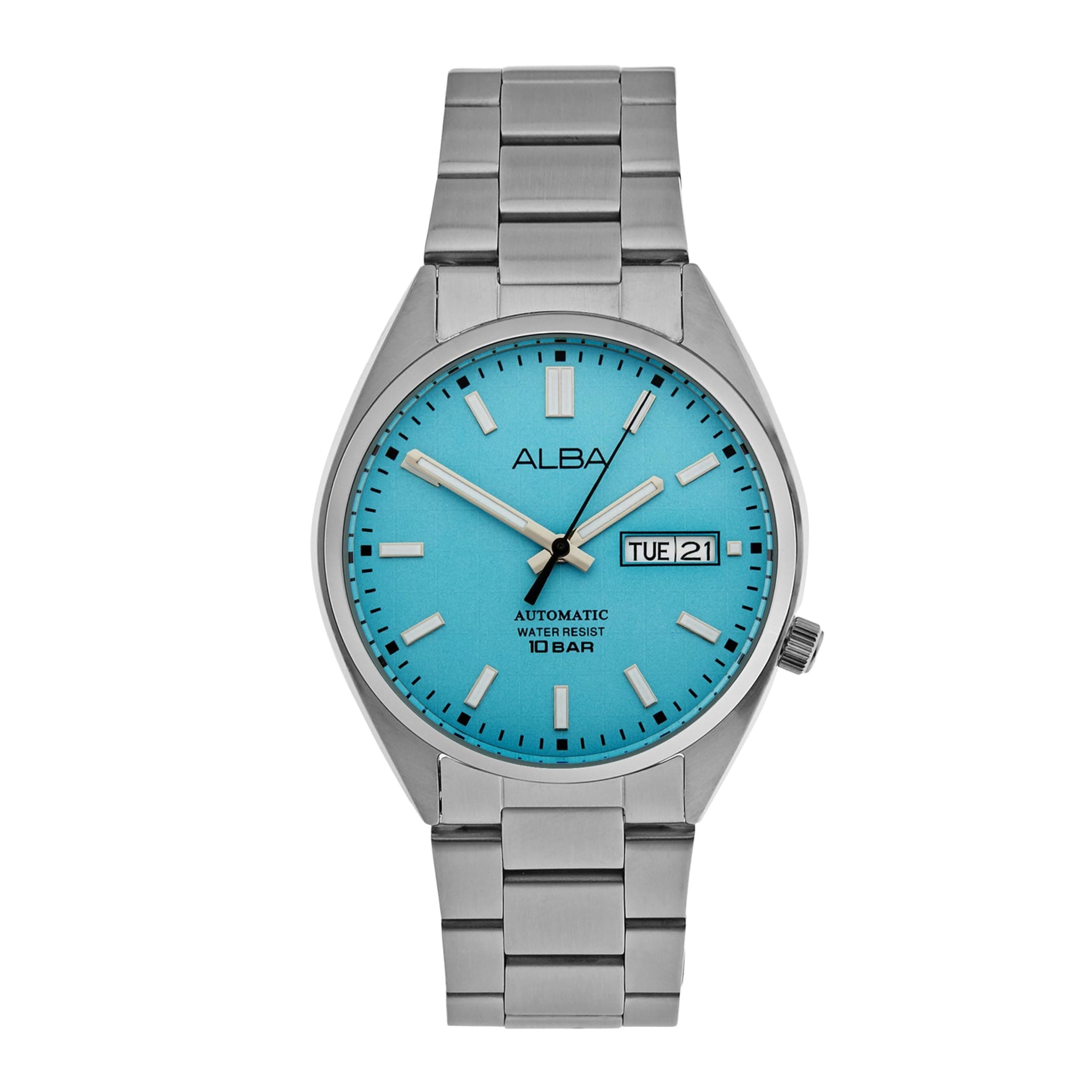 ALBA AL4321X1 Automatic Analog Watch for Men | Ice Blue Patterned Dial | Japanese Automatic Y676 Movement | Stainless Steel Bracelet | Day & Date Display | 10 BAR Water Resistant | Mineral Crystal | See-Through Case Back