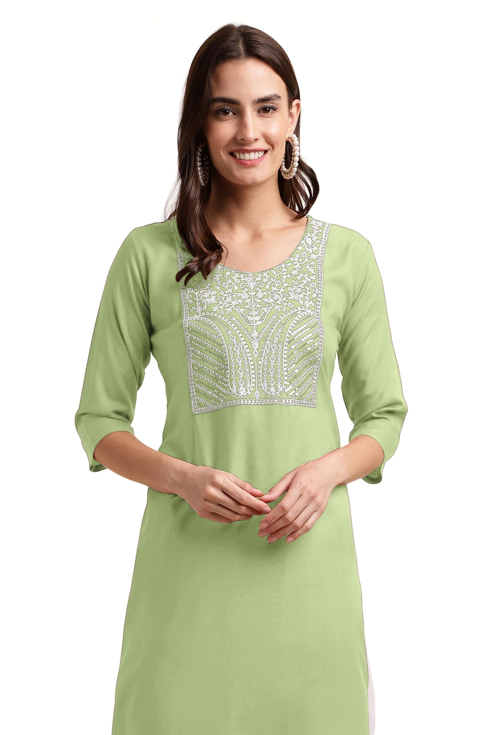 MIRCHI FASHION Women Straight Rayon Sequinns Embroiderd Kurta (K9564 - Pista Green, White - M)