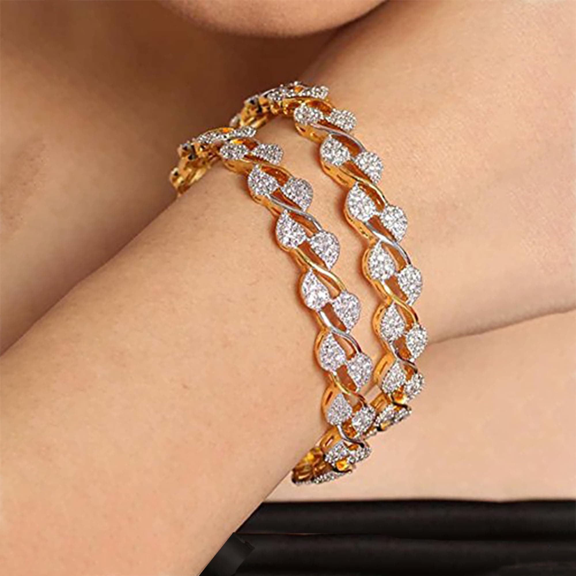 ZENEME Leaf Shaped American Diamond Gold Plated Bangles Jewellery For Women & Girls (2.8)