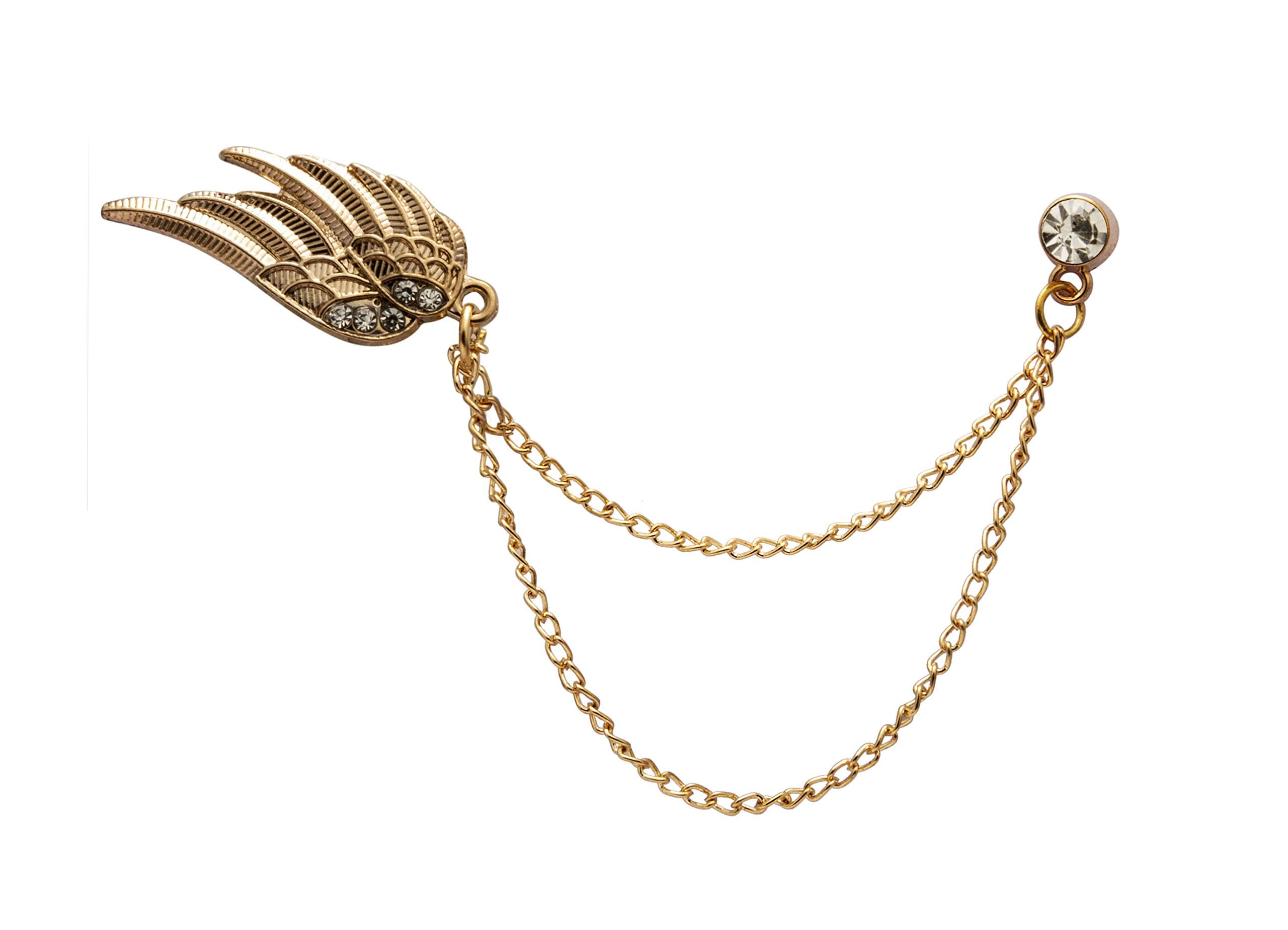 Knighthood Golden Angel Wings with Stone Hanging Chain Lapel Pin Suit Collar Accessories Brooch for Men
