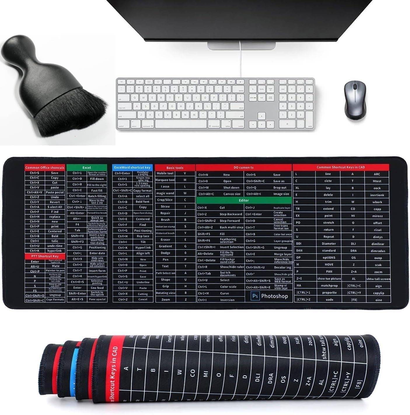 DASOSMI CREATION DC Anti-Slip Keyboard Pad with Office Software Excel Shortcuts Mousepad, Clear Extended Large Cheat Sheet Mouse Pad, Keyboard Mouse Pad for Office & Home(Keyboard Cleaner Brsh)80x30cm